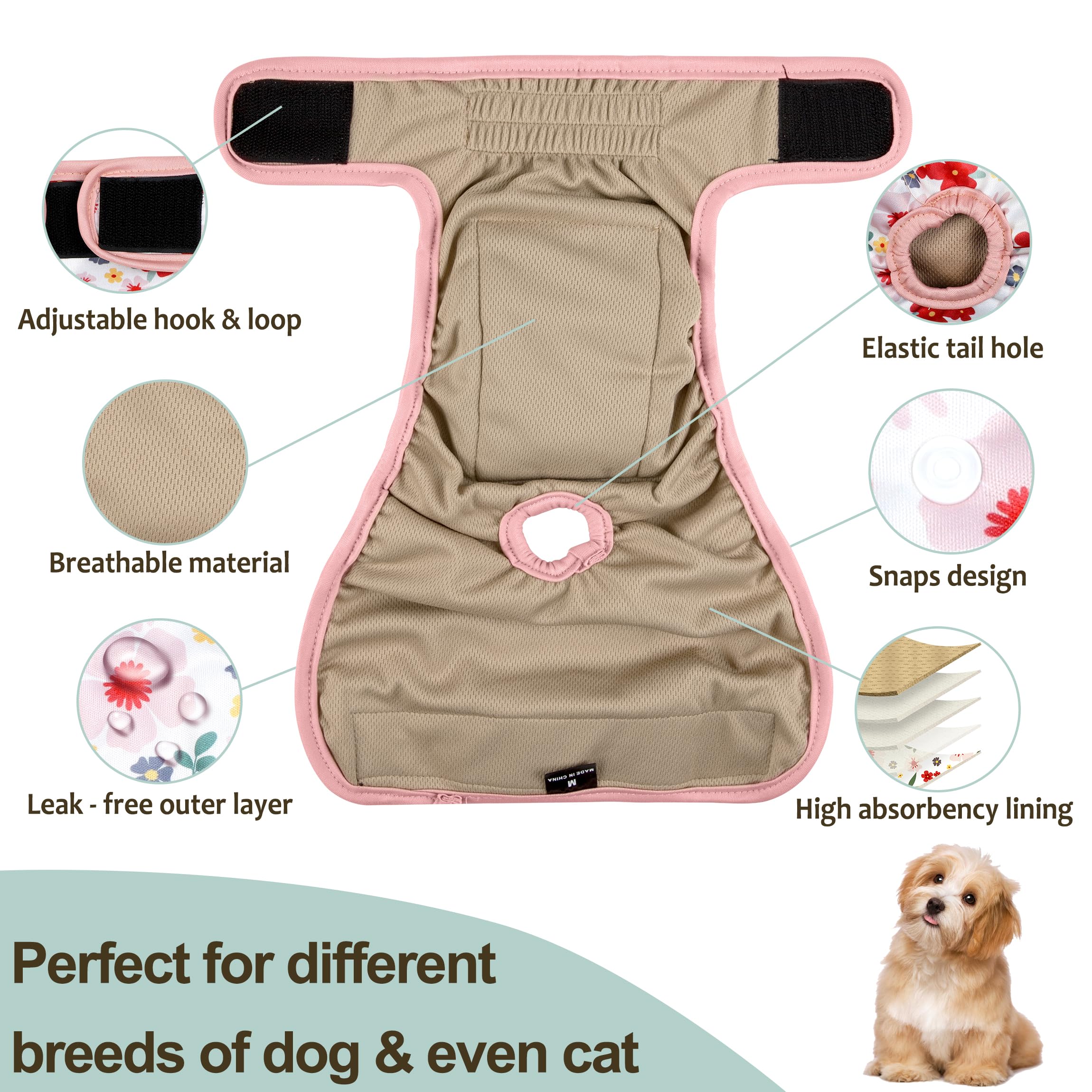 Grecle Washable Female Dog Diapers (3 Pack) - No Leak Reusable Diapers For Doggy Female In Period - Highly Absorbent Dog Heat Panties With Adjustable Snaps L