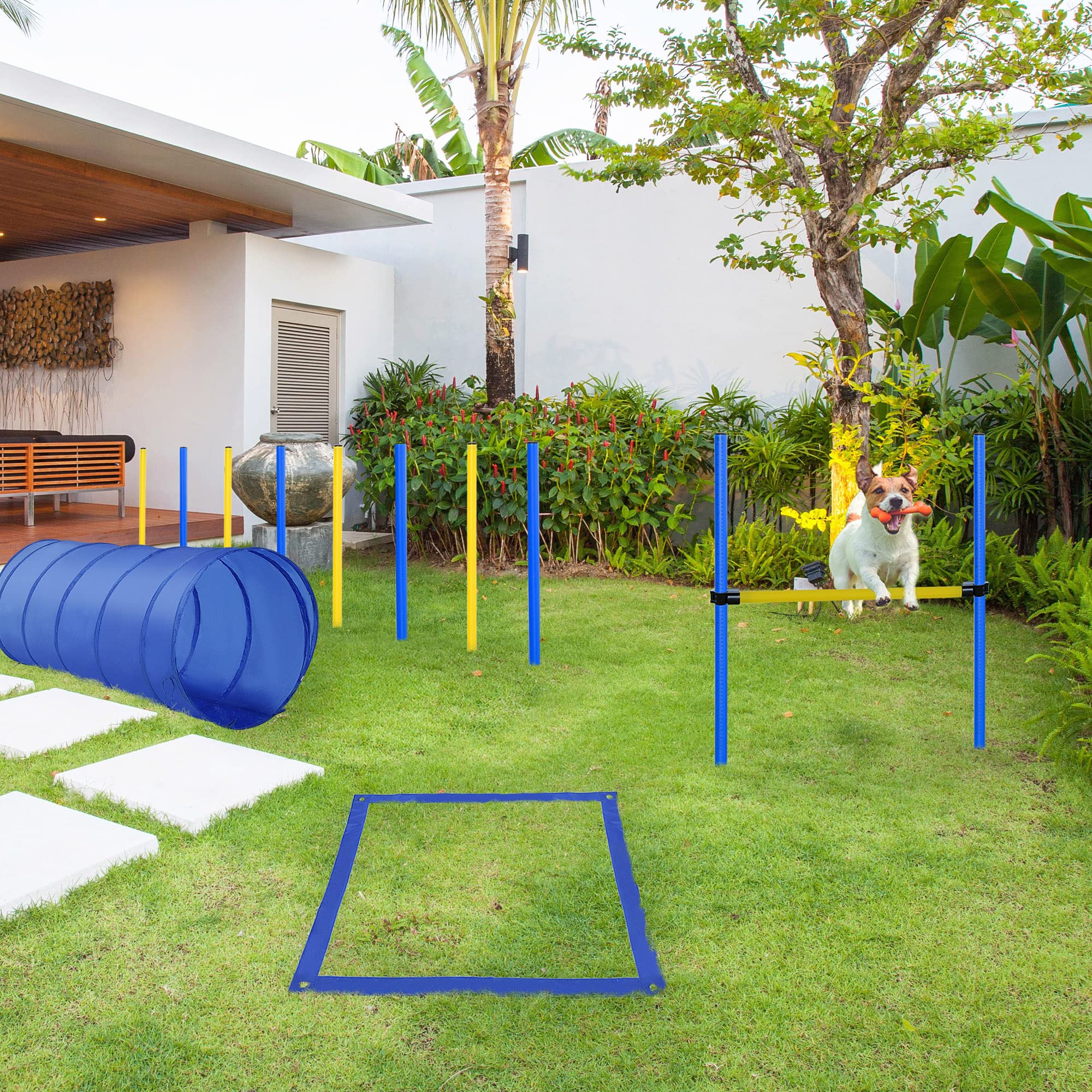 Pawhut 4Pc Obstacle Dog Agility Training Course Kit Backyard Competitive Equipment- Blue/Yellow