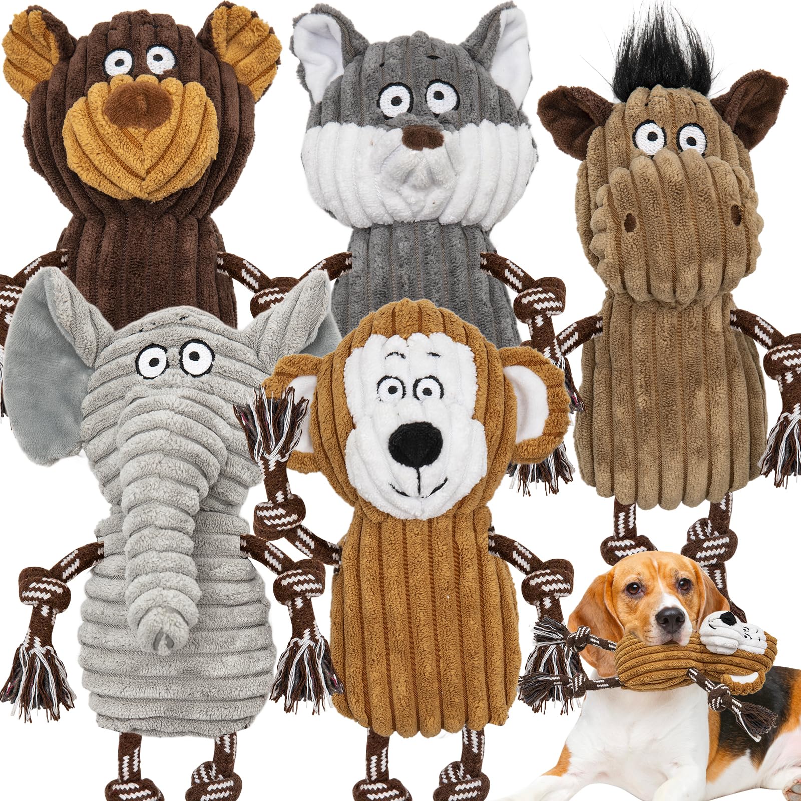 5 pack Large dog Squeaky Toys,Tough Stuffed Plush dog chew Toys Assortment ,Durable plush Animal dog Toys with Tug of War Rope t