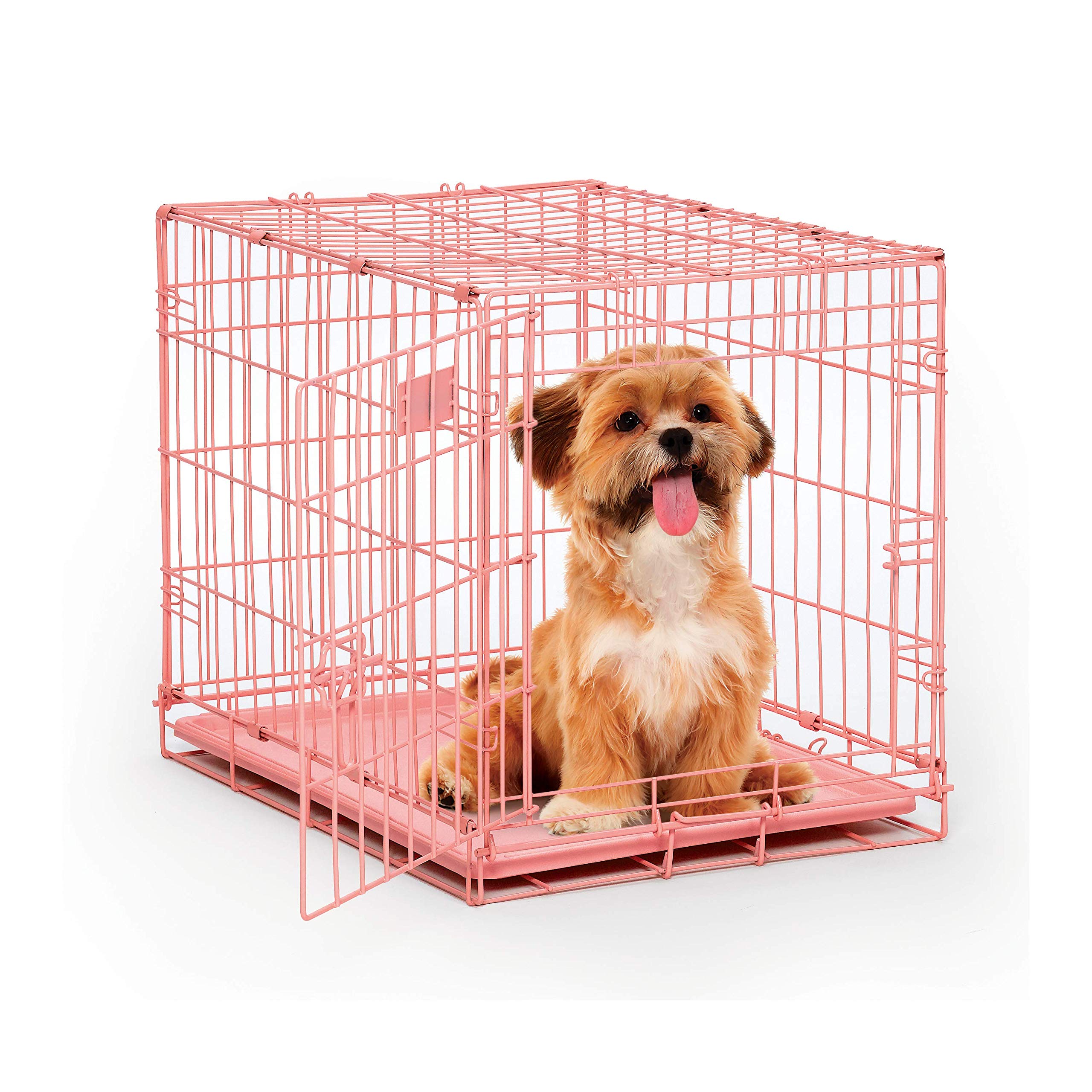 Midwest Homes For Pets Single Door Icrate 24' Pink Folding Metal Dog Crate W/ Divider Panel, Floor Protecting 'Roller' Feet & Leak Proof Plastic Tray; 24L X 18W X 19H Inches, Small Dog Breed