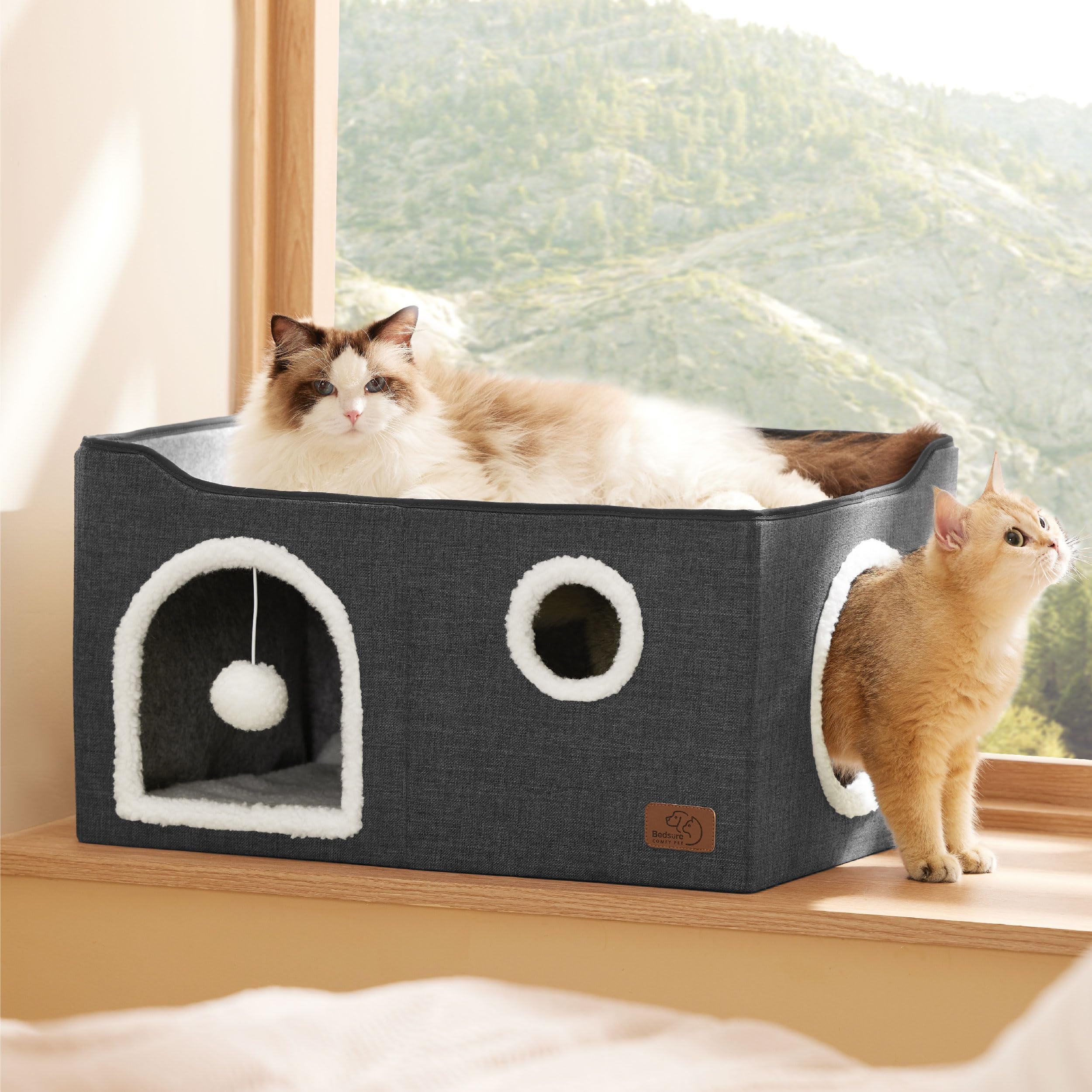 Bedsure Extra-Wide Cat House For Indoor Cats - Large Cat Cave For Pet Cat House With Fluffy Ball Hanging And Scratch Pad, Foldable Cat Hideaway For Multi Cats, 23.6X16.9X13 Inches, Dark Grey