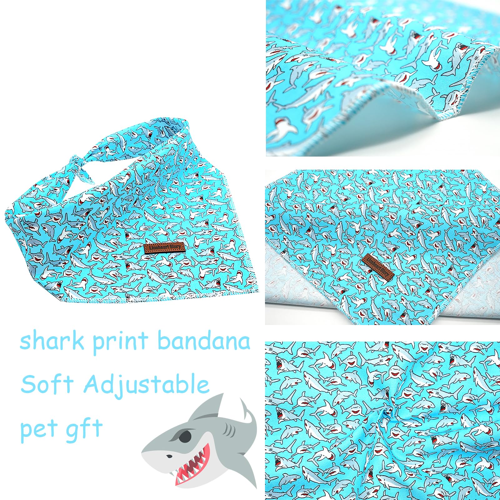Lionheart Glory Bandana - Washable Soft Blue Scarf With Shark Print, Adjustable For Small Medium Large Dogs