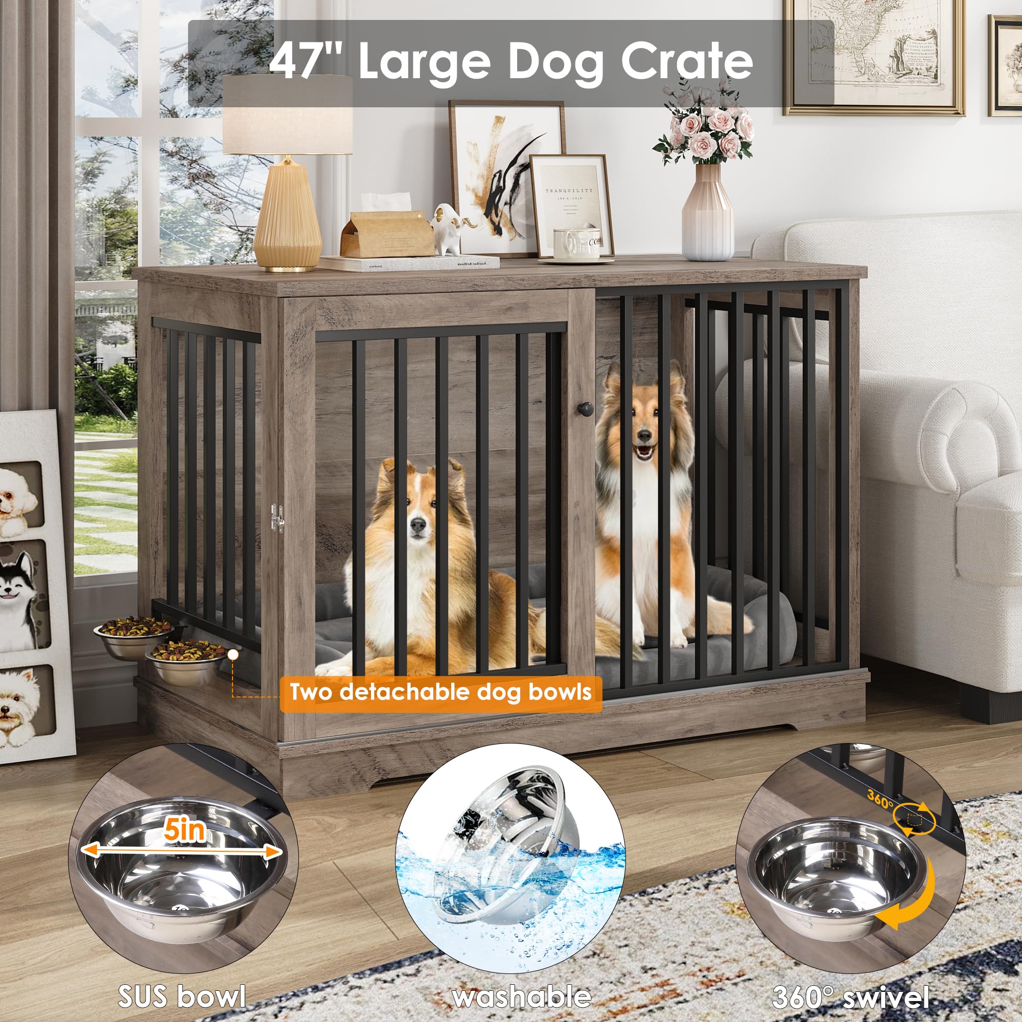 Dog Crate Furniture 47    Large Dog Kennel For Dogs Indoor, Heavy Duty Dog Cage With Sliding Door And 2 Sus Bowls Wooden End Tab