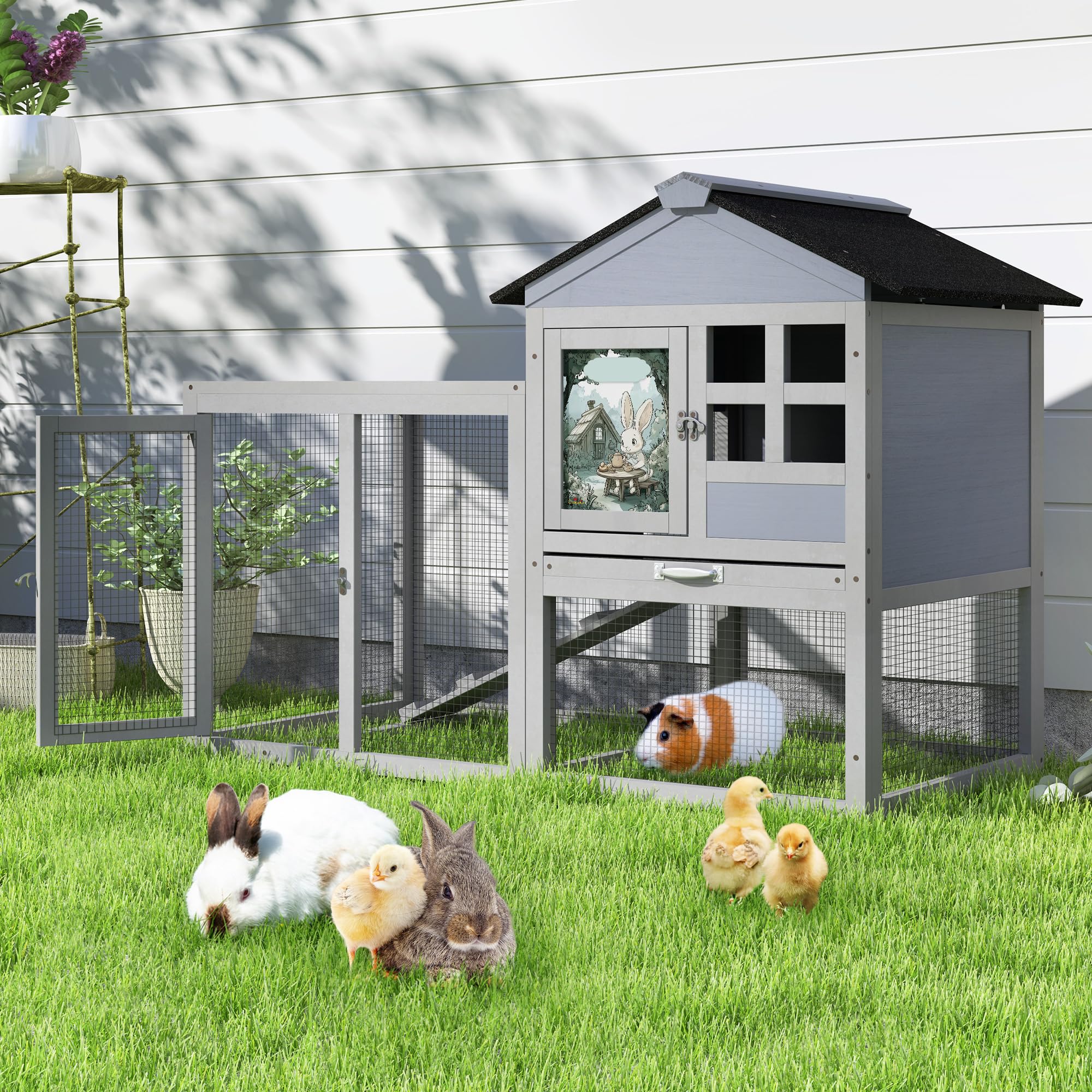 48'' L Rabbit Cage Bunny Hutch Outdoor Indoor, Expandable 2-Story Large Wooden Small Animal Cage With Run, Removale Tray, Top-Op
