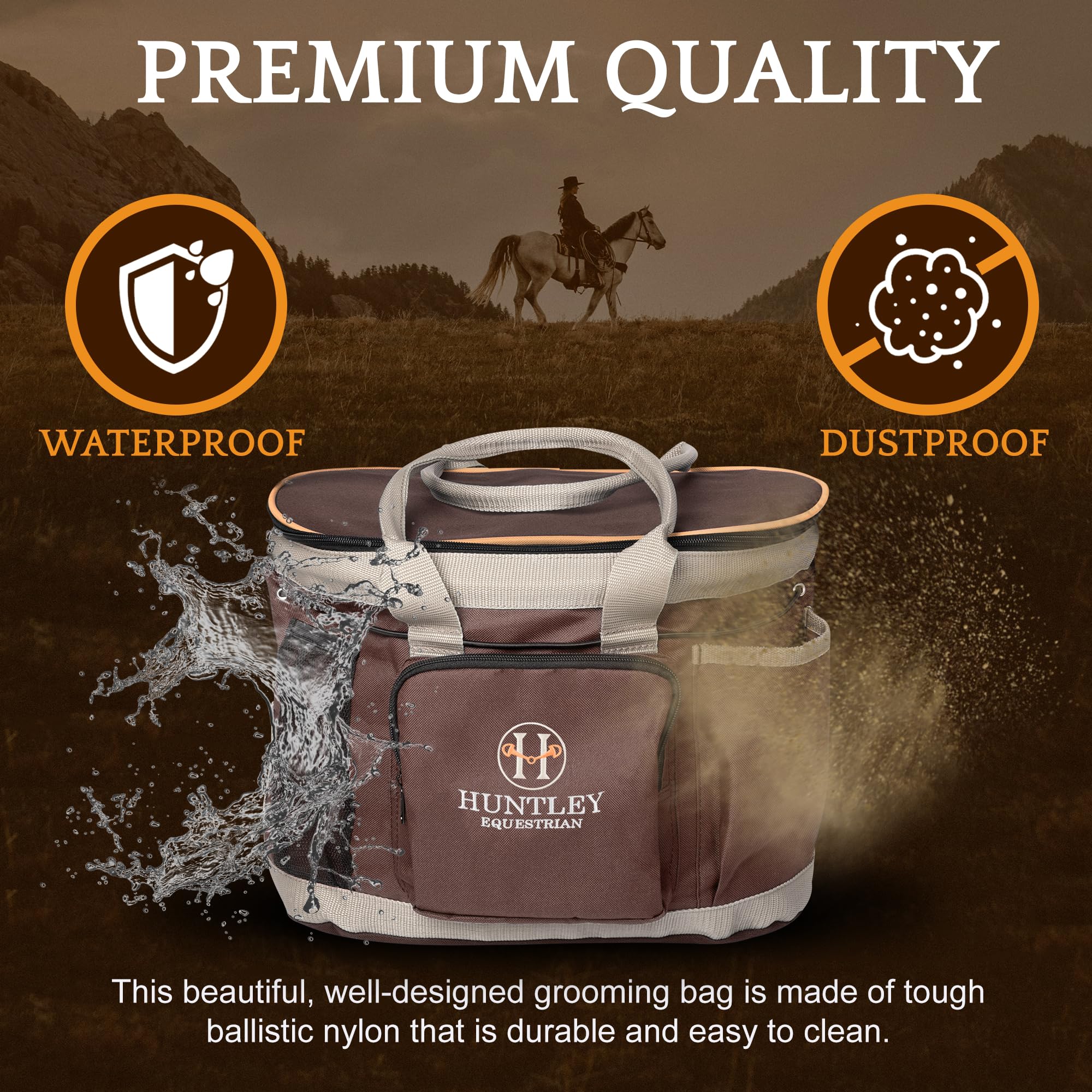 Huntley Equestrian Deluxe Grooming Bag Perfectly Designed Easy Access Multi Pocket Zipper Top Closure Double Handles Shoulder Strap Exterior Pockets - Brown