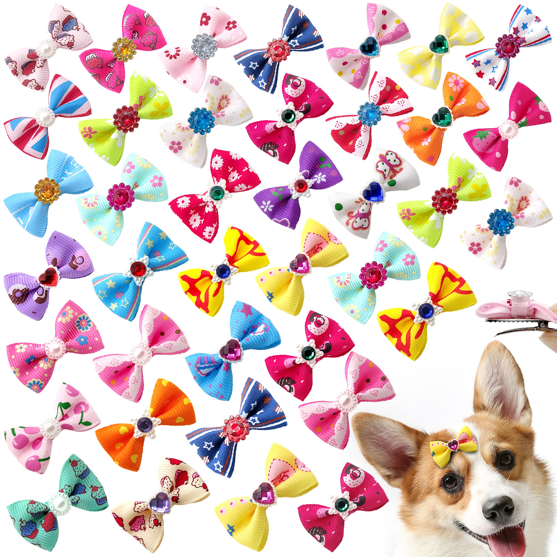 60Pcs Puppy Dogs Hair Barrettes Bows With Metal Clips,Rhinestone Tiny Christmas Bowknot Hair Bows Hair Topknot Hair Clips For Cat Puppy Party Birthday ,Handmade Hair Accessories Pet Grooming