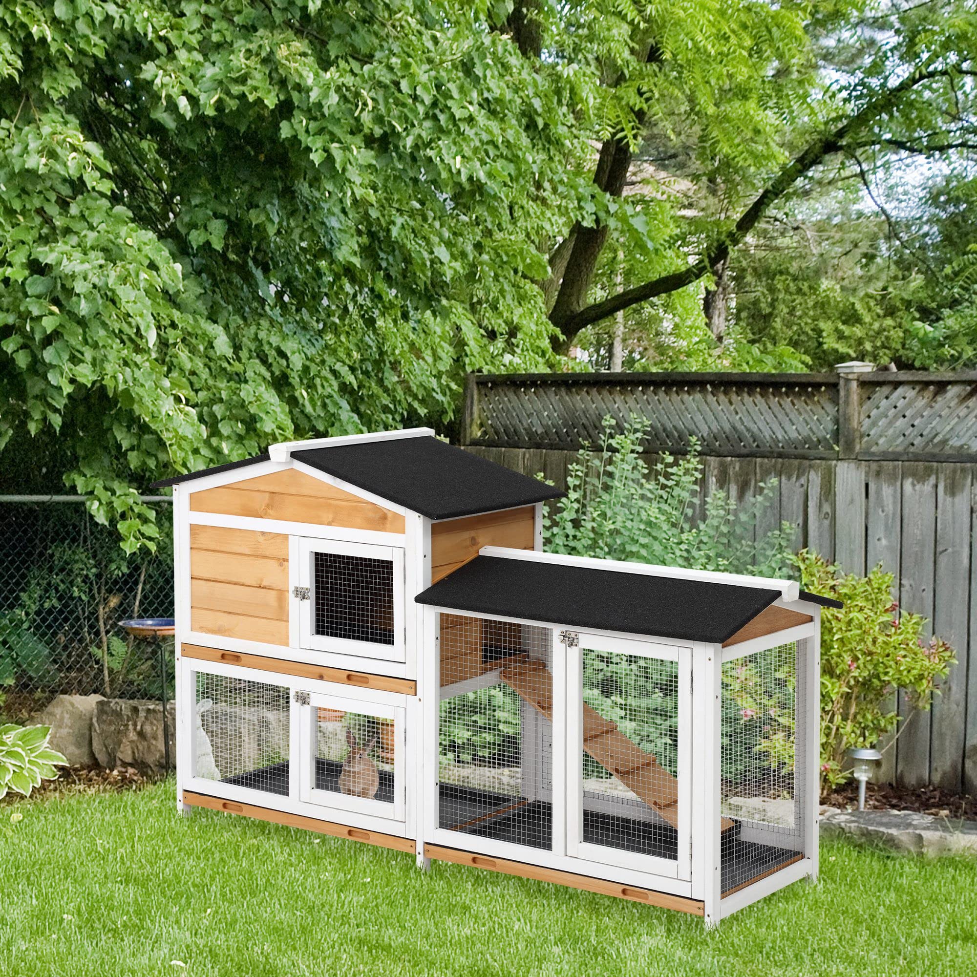 PawHut 62 Rabbit Hutch, Wooden Bunny Hutch, Guinea Pig Cage, Small Animal Enclosure with Run Area, Removable Tray, Asphalt Roof,