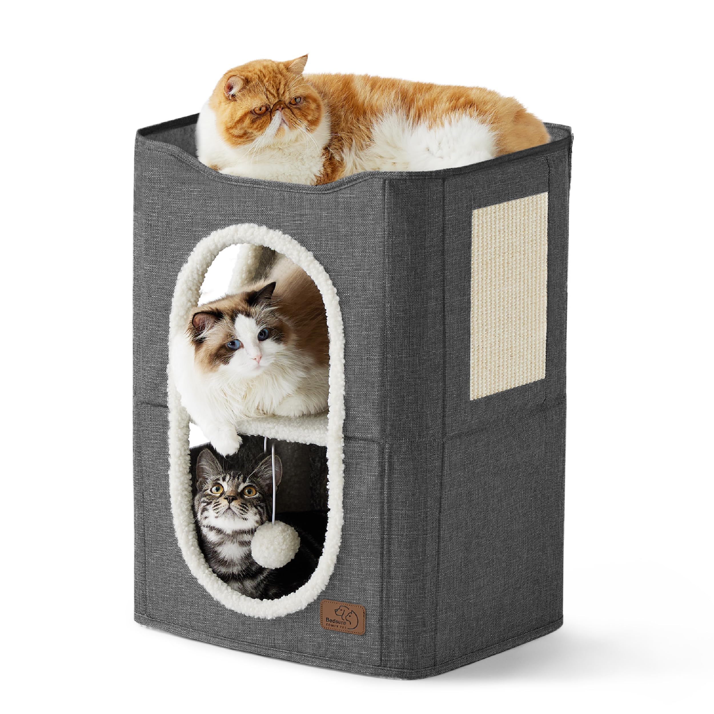 Bedsure 2-Level Cat House For Indoor Cats - Small Cat Towers With Scratch Pad And Hideaway Condo, Cat Cave Bed Furniture For Multi Pets And Large Cats, 18X14X23 Inches, Dark Grey