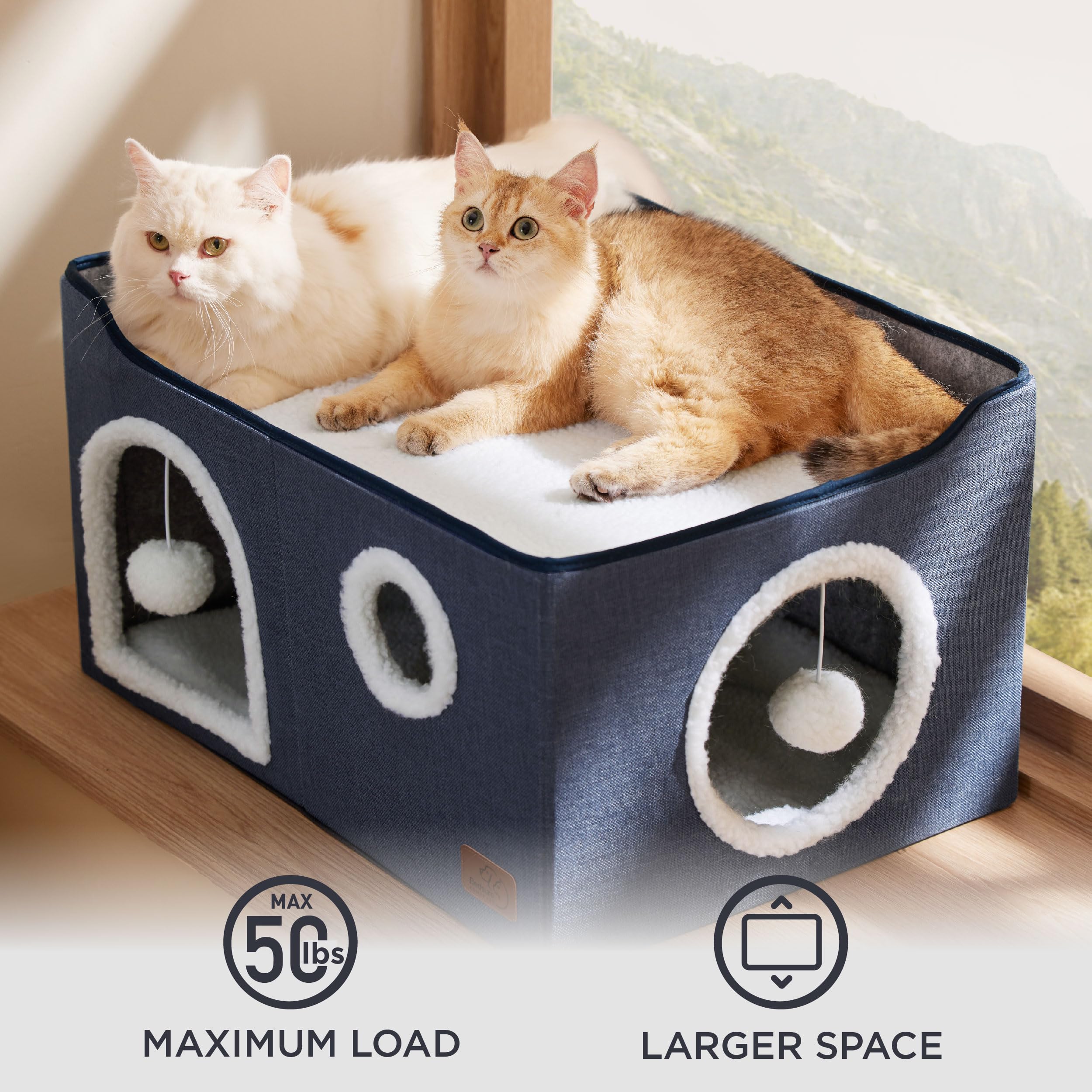 Bedsure Extra-Wide Cat House For Indoor Cats - Large Cat Cave For Pet Cat House With Fluffy Ball Hanging And Scratch Pad, Foldable Cat Hideaway For Multi Cats, 23.6X16.9X13 Inches, Blue