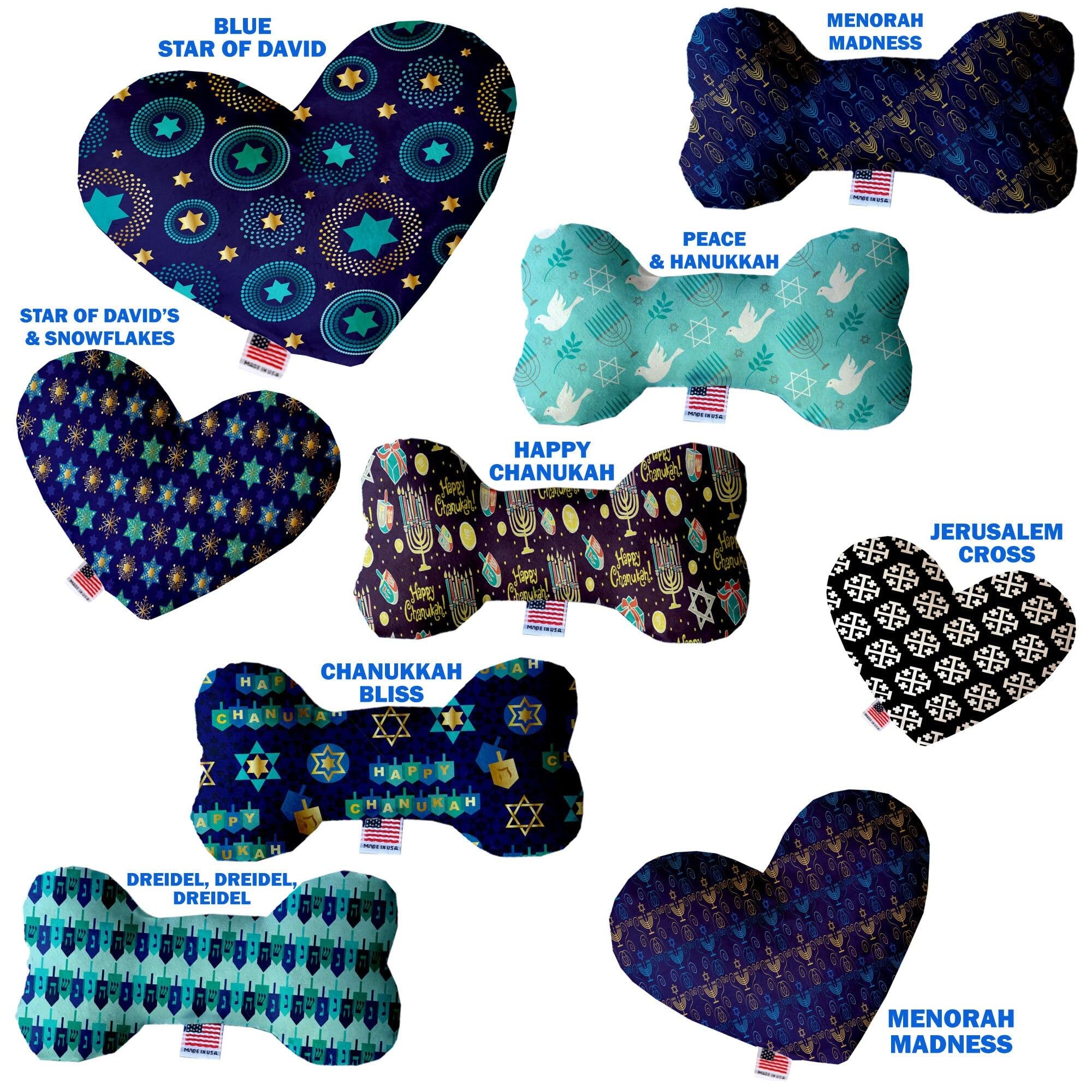 Pet and Dog Plush Heart or Bone Toy, "Hanukkah Group" (Available in different sizes, and 8 different pattern options!) Peace & Hanukkah 10" Plush Bone