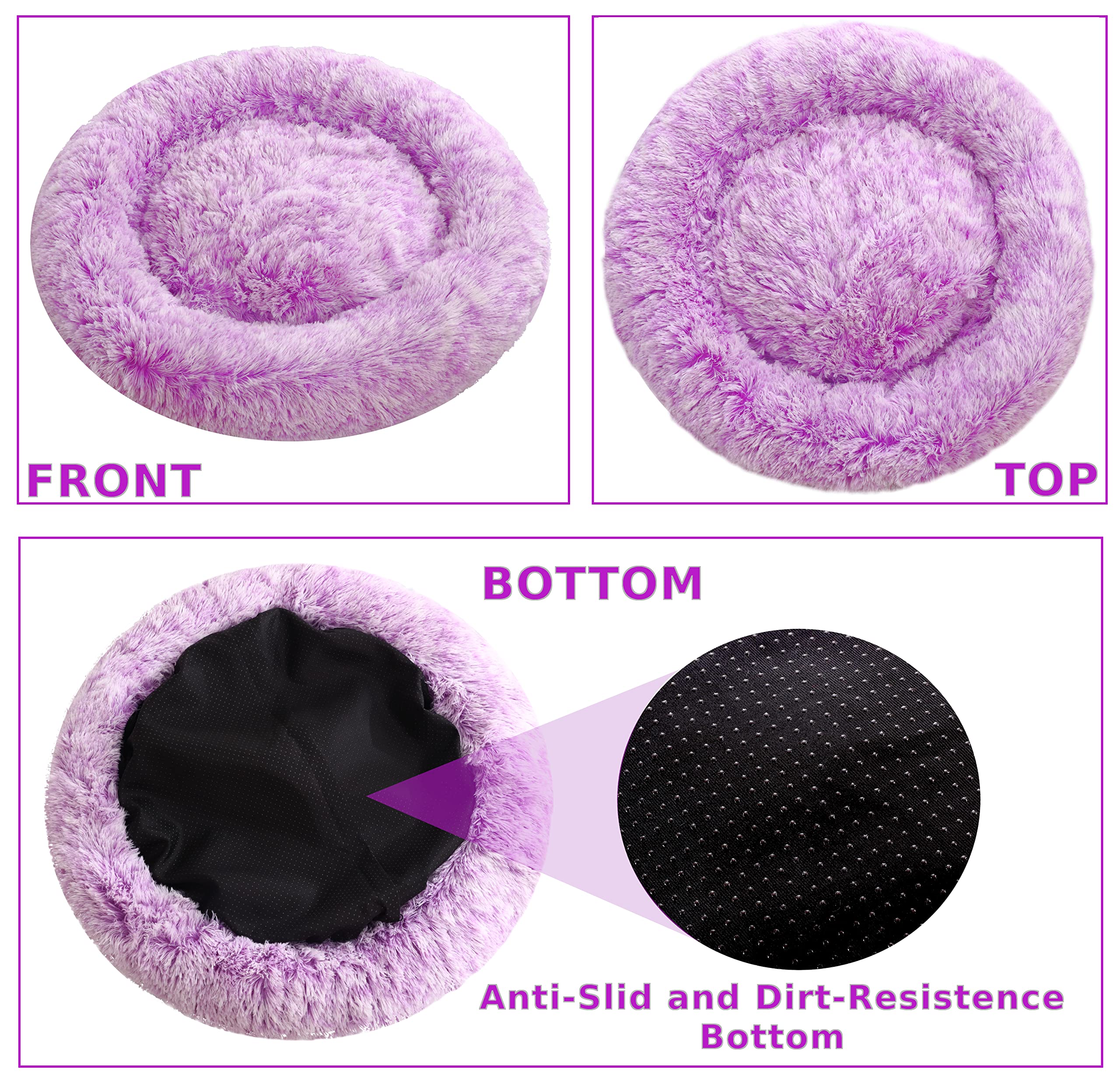 Comlax Calming Donut Dog Beds, 24 Inches Round Cushion With Removable Washable Cover, Anti-Anxiety Faux Fur Cuddler, Fluffy Comf