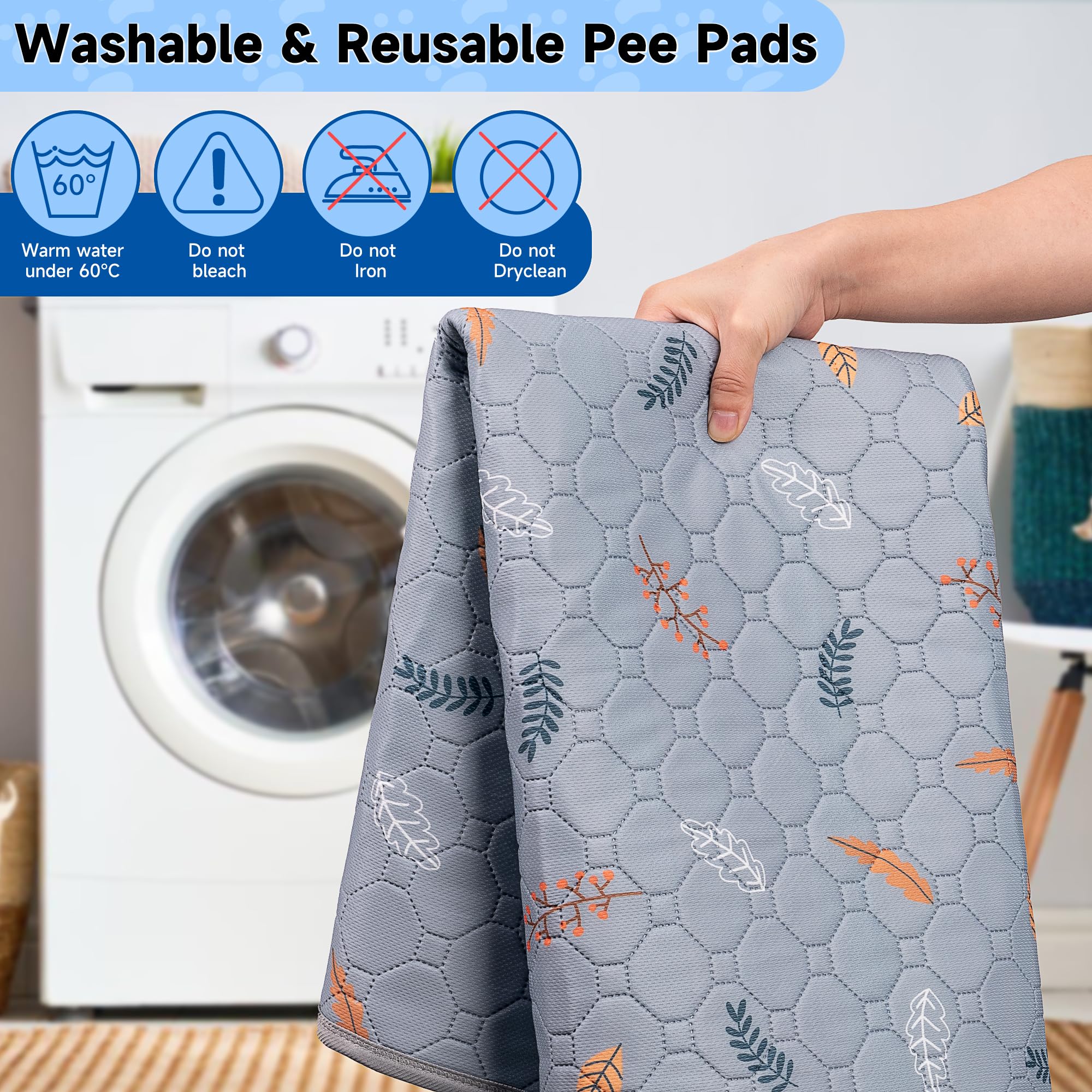 Sunheir Washable Pee Pads For Dogs Extra Large 36' X 48' 2-Pack Reusable Puppy Pads Pet Training Pads, Whelping Pad, Non-Slip Protects Against Urine Leakage (Leaves - Light Grey, 36X48)