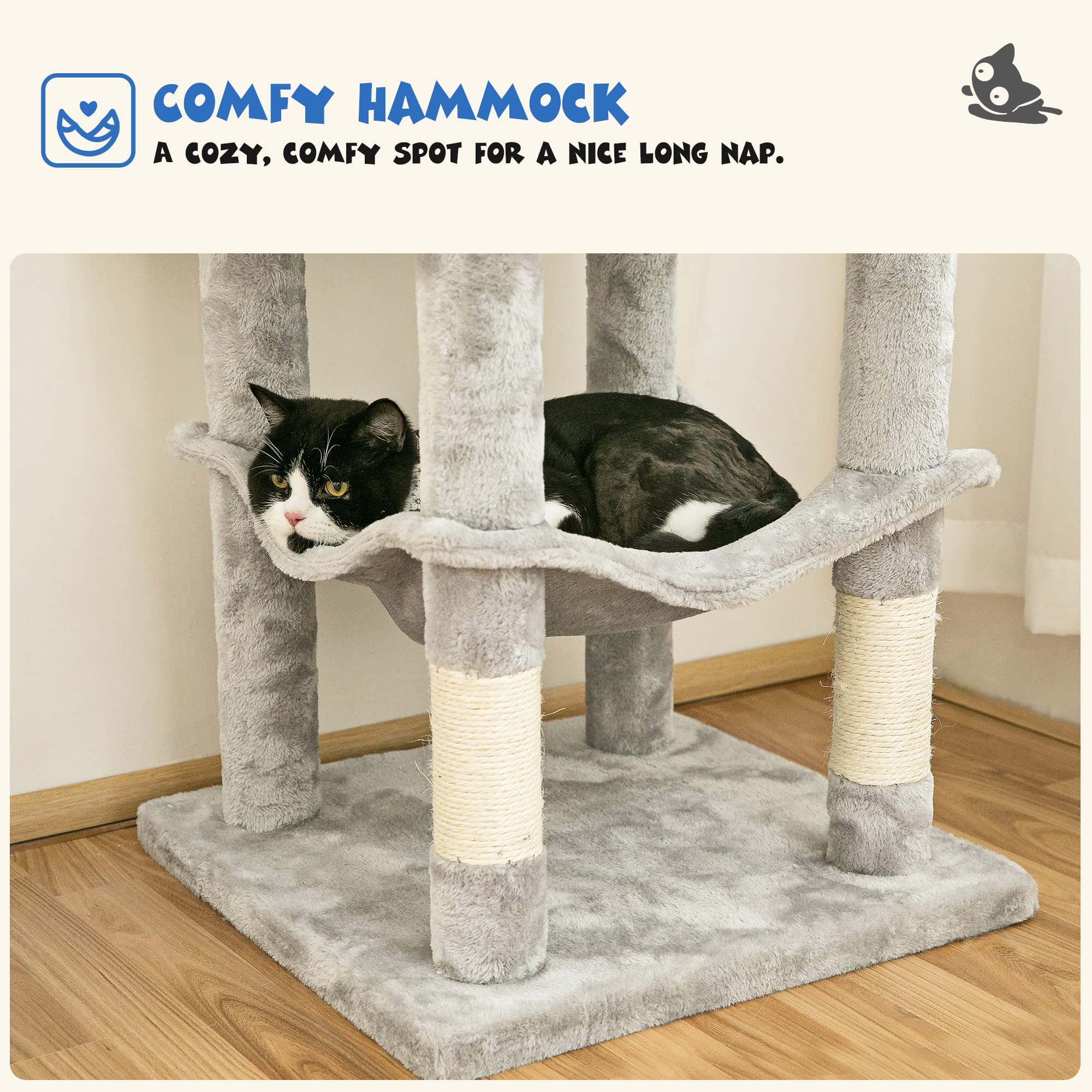 Mwpo 63.8 Inches Multi-Level Cat Tree For Large Cats With Sisal-Covered Scratching Posts, Padded Platform, Hammock And Condo,Stable Cat Tower Cat Condo Pet Play House-Light Gray