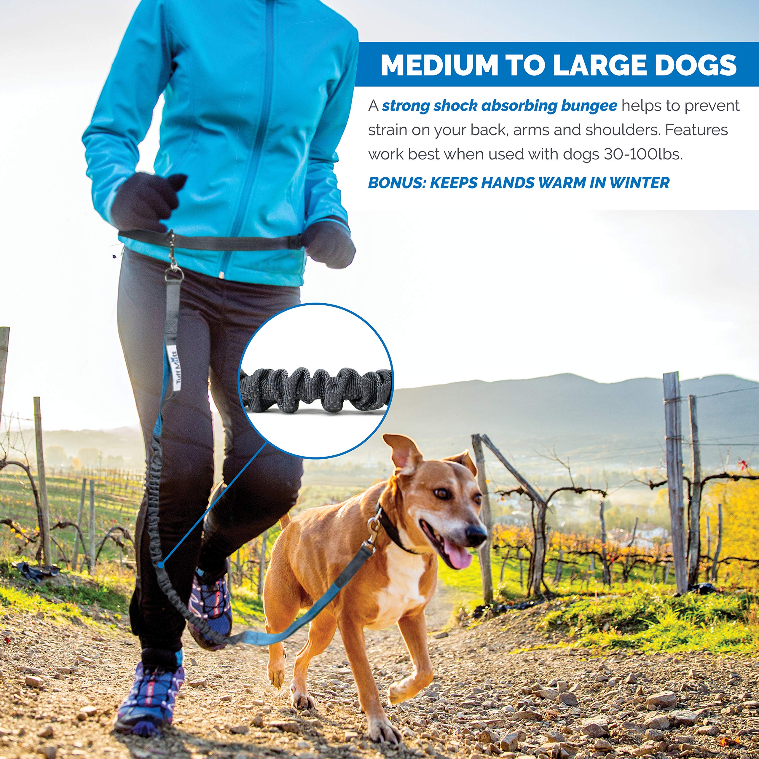 Tuff Mutt Hands-Free Waist Leash for Dog Walking, Running and Hiking, Adjustable Belt with Double Handle, Reflective Bungee Desi