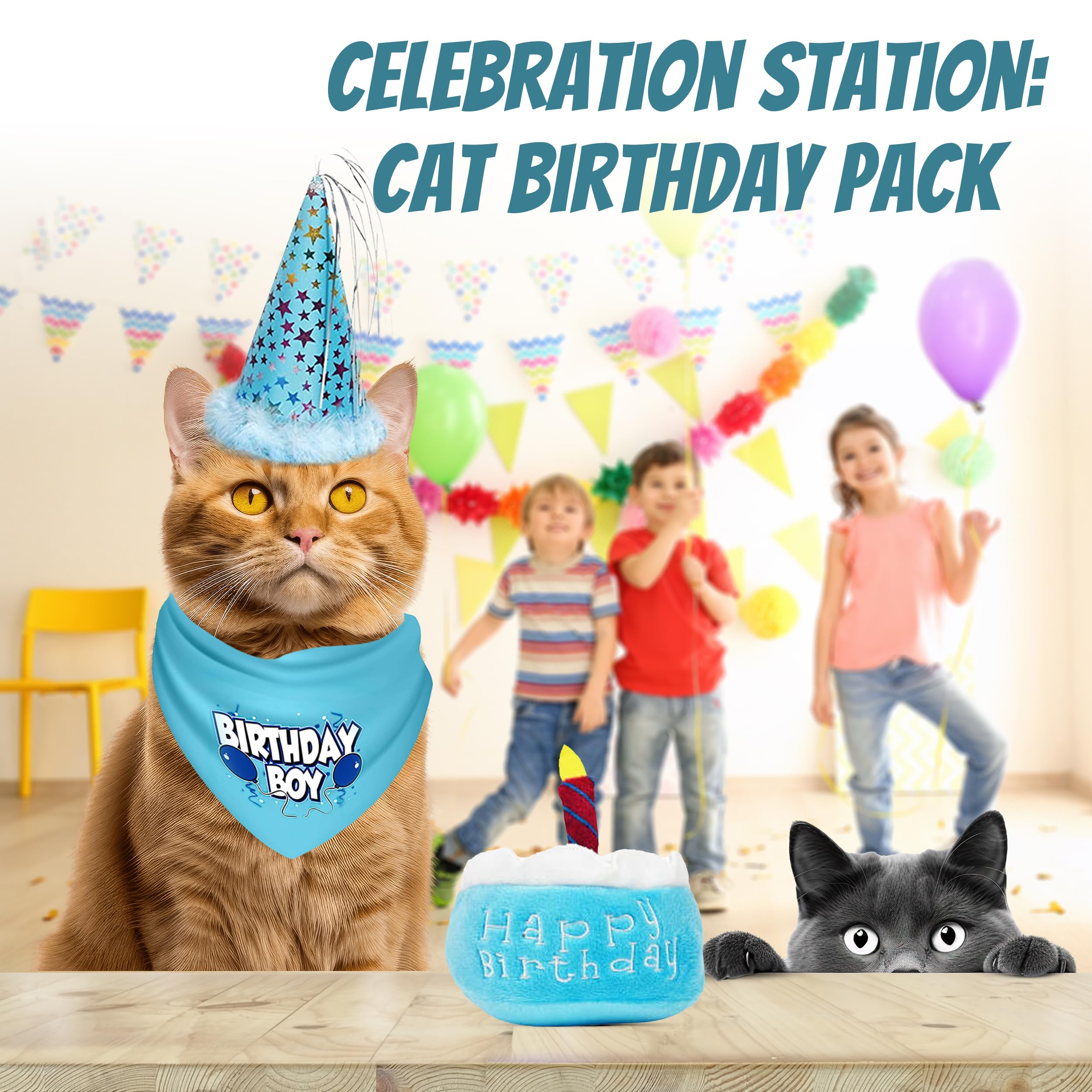 Jt Pet Cat Birthday Boy Party Pack With Bandana, Star Spangled Blue Party Hat With Adjustable Elastic, Tassels And Feathery Trim