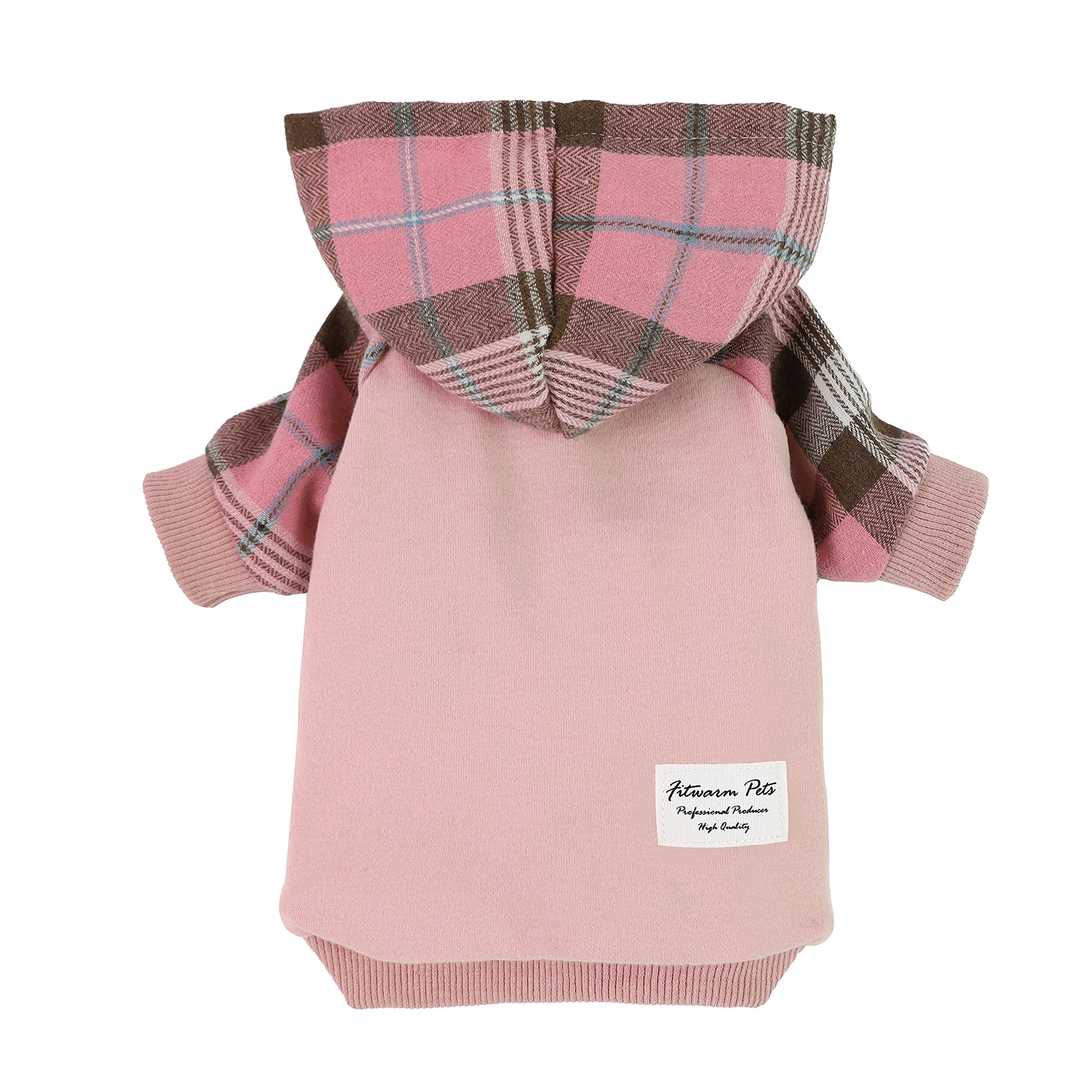 Fitwarm 100% Cotton Girl Plaid Dog Clothes Lightweight Puppy Hoodie Pet Sweatshirt Doggie Hooded Outfits Cat Apparel Pink X-Smal