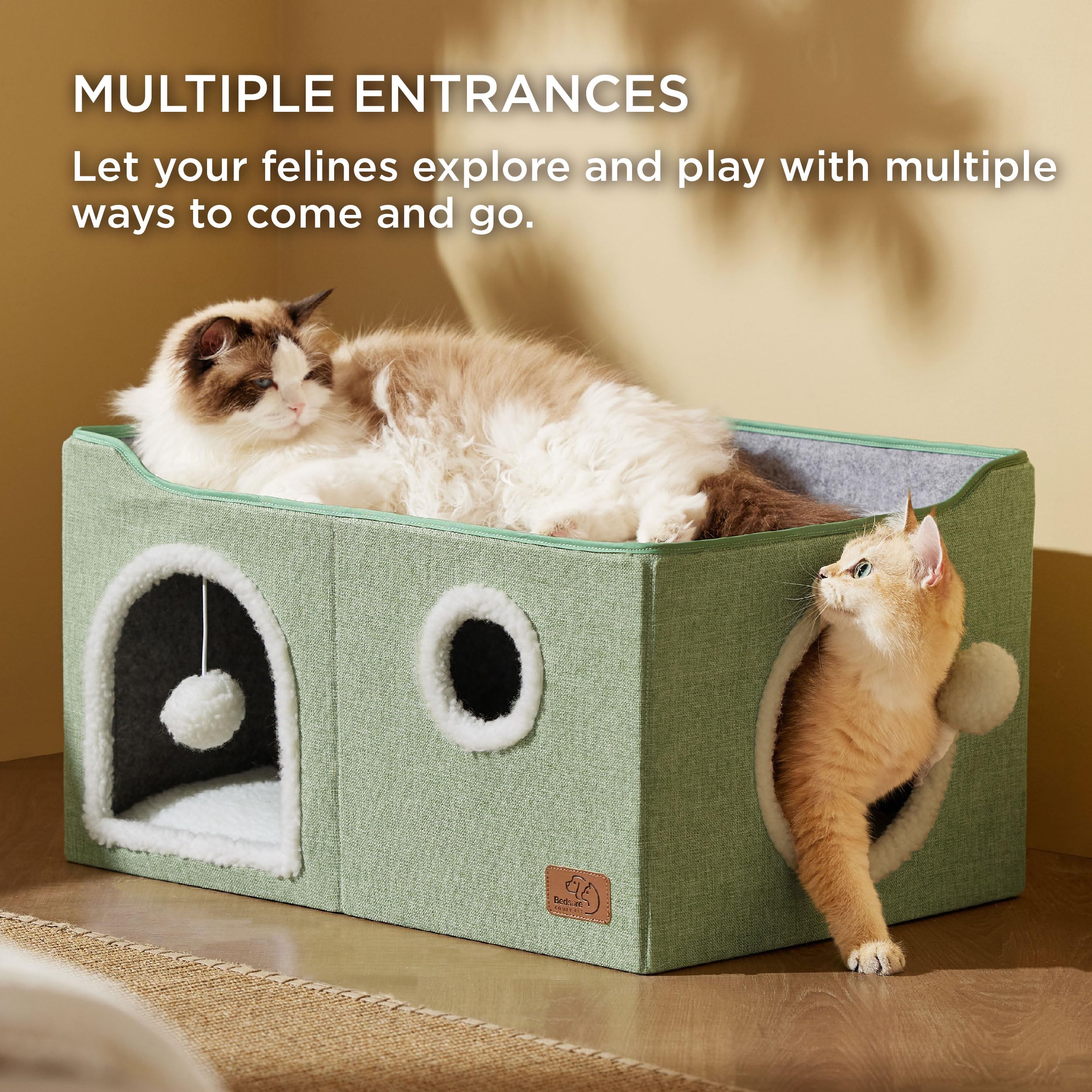 Bedsure Extra-Wide Cat House - Foldable Cat Cave with Scratch Pad, 23.6x16.9x13 inches, Green, Polyester, Model US000125N0M