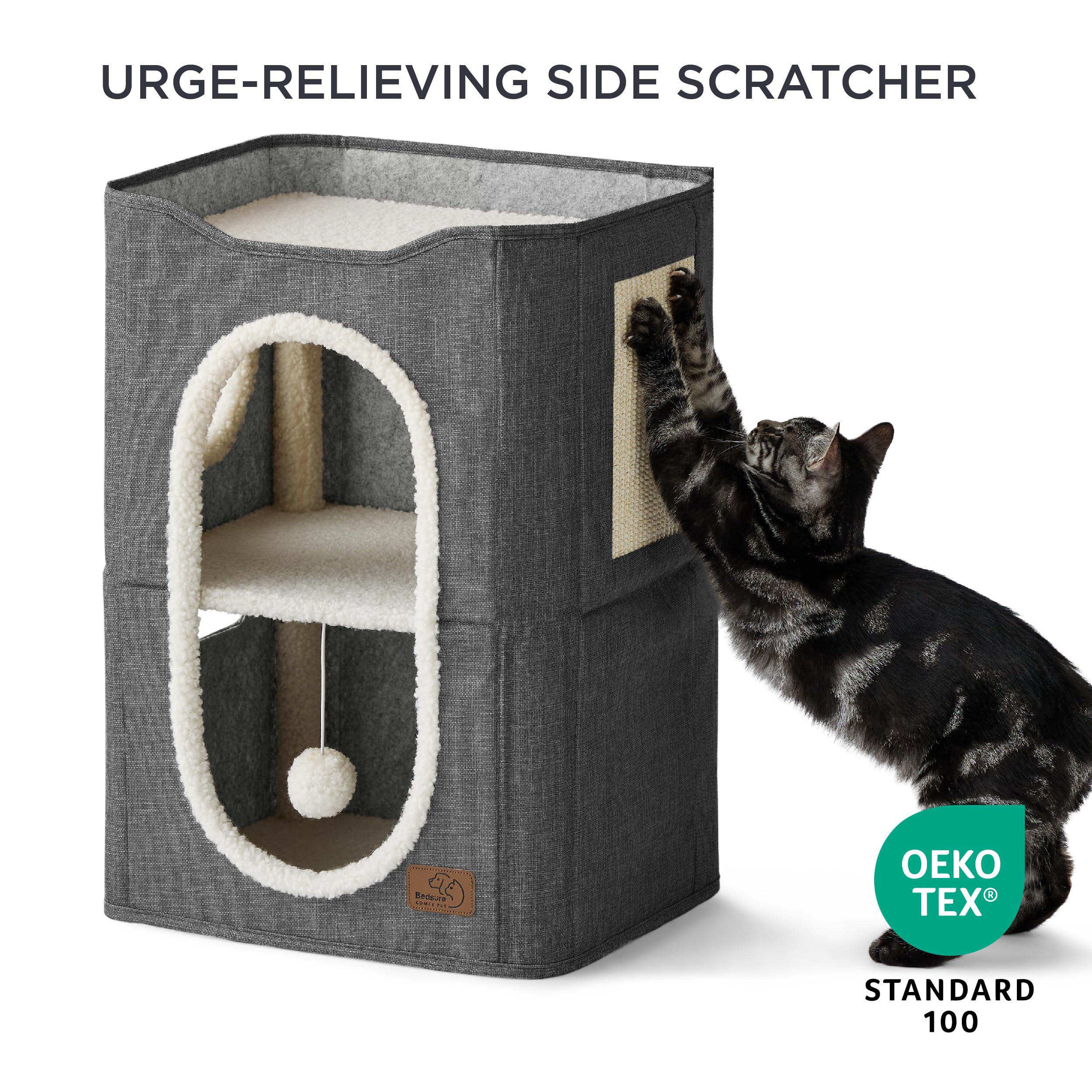Bedsure Cat House - 2-Level Indoor Tower with Scratch Pad, Hideaway Condo, 18x14x23 inches, Dark Grey, CARB Certified MDF & Lambswool Fabric