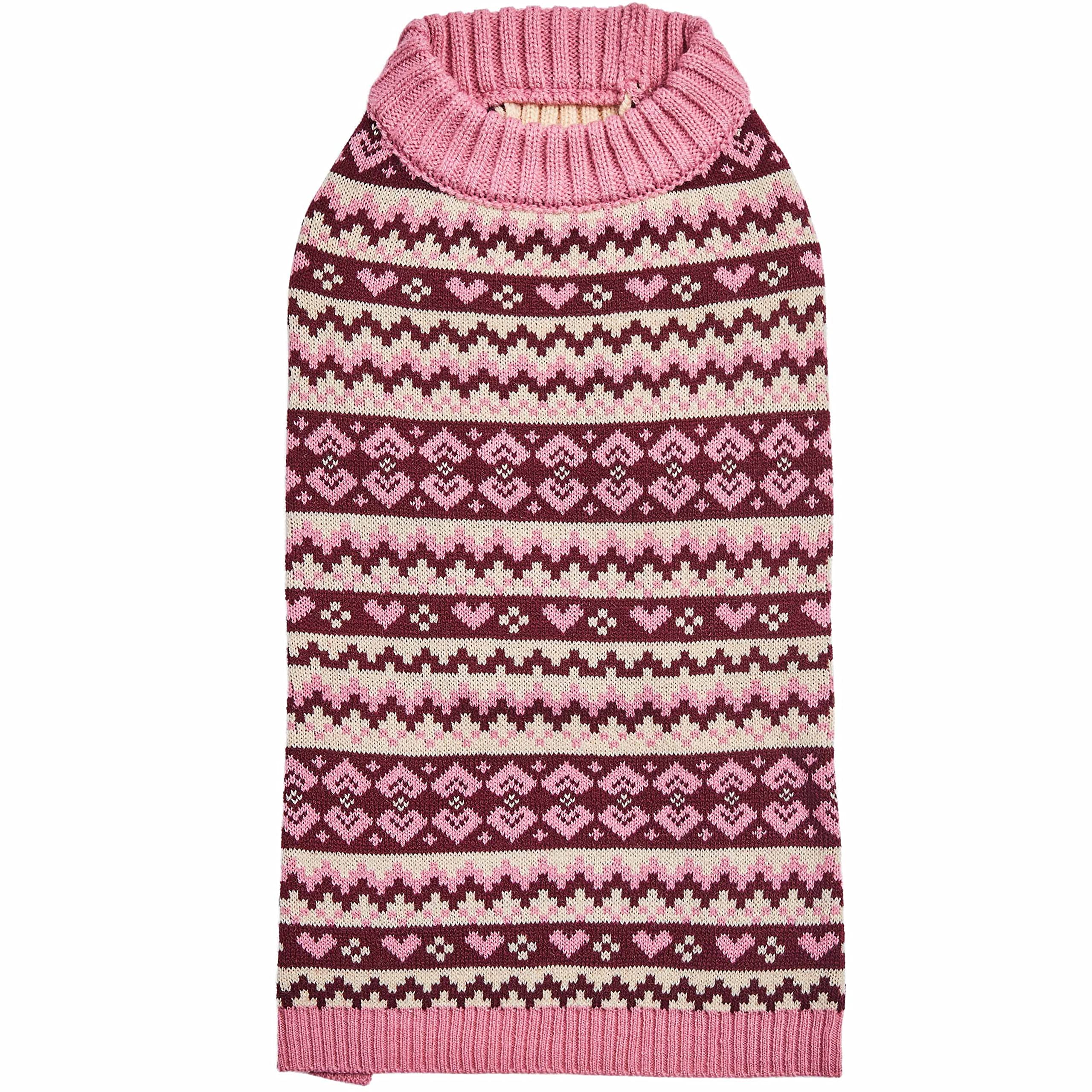 Blueberry Pet Heart Designer Everyday Turtleneck Fair Isle Fall Winter Pullover Dog Sweater In Pink, Back Length 12', Warm Clothes For Small Dogs