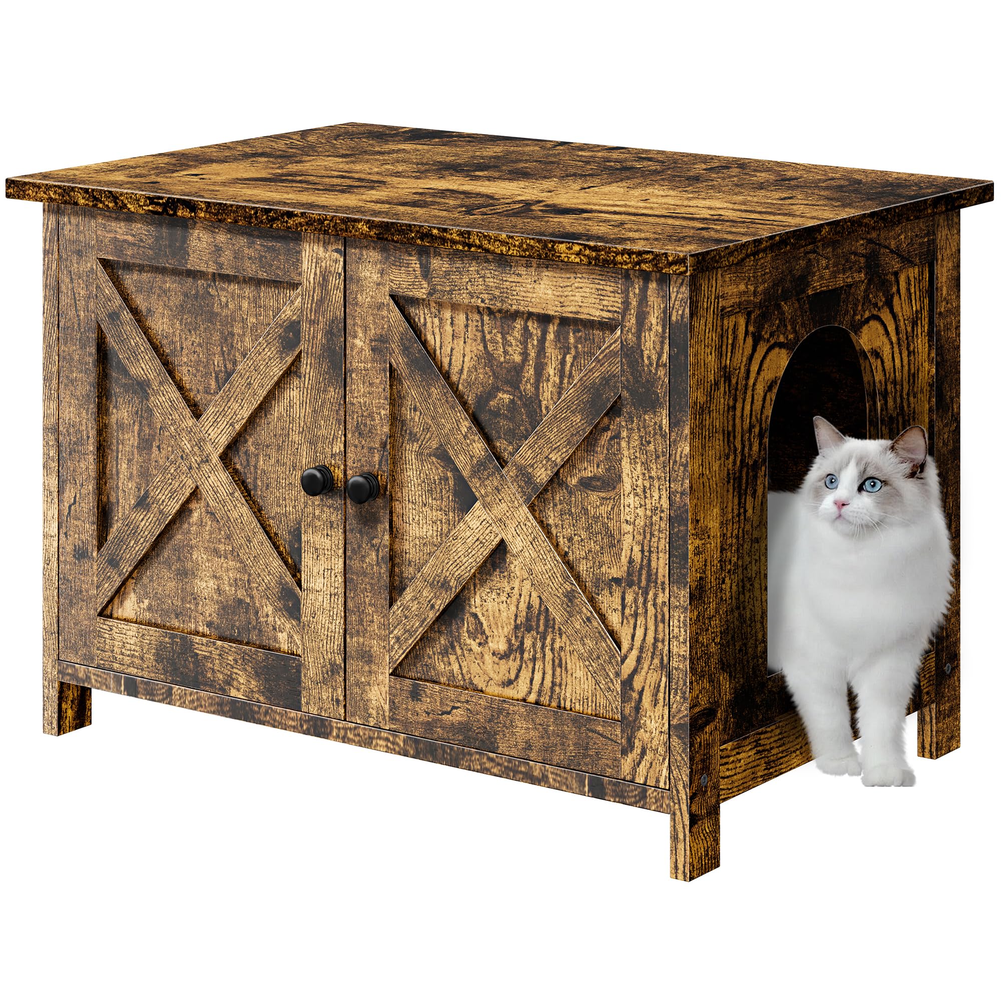 JY QAQA Cat Litter Box Enclosure,Litter Box Furniture Hidden with Barn Door,Wooden Cat Washroom Furniture,Cat House,Fit Most of 