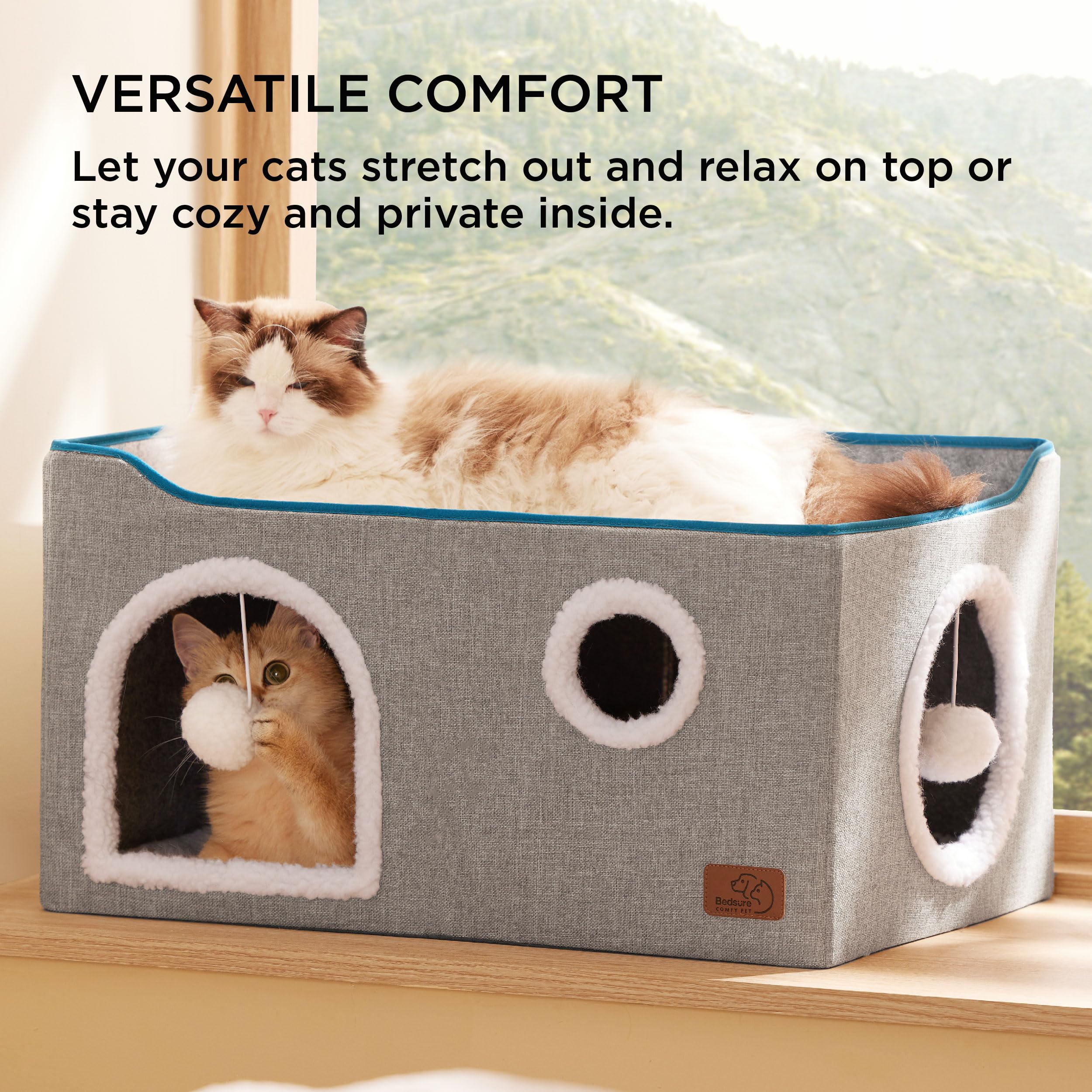 Bedsure Extra-Wide Cat House For Indoor Cats - Large Cat Cave For Pet Cat House With Fluffy Ball Hanging And Scratch Pad, Foldable Cat Hideaway For Multi Cats, 23.6X16.9X13 Inches, Grey