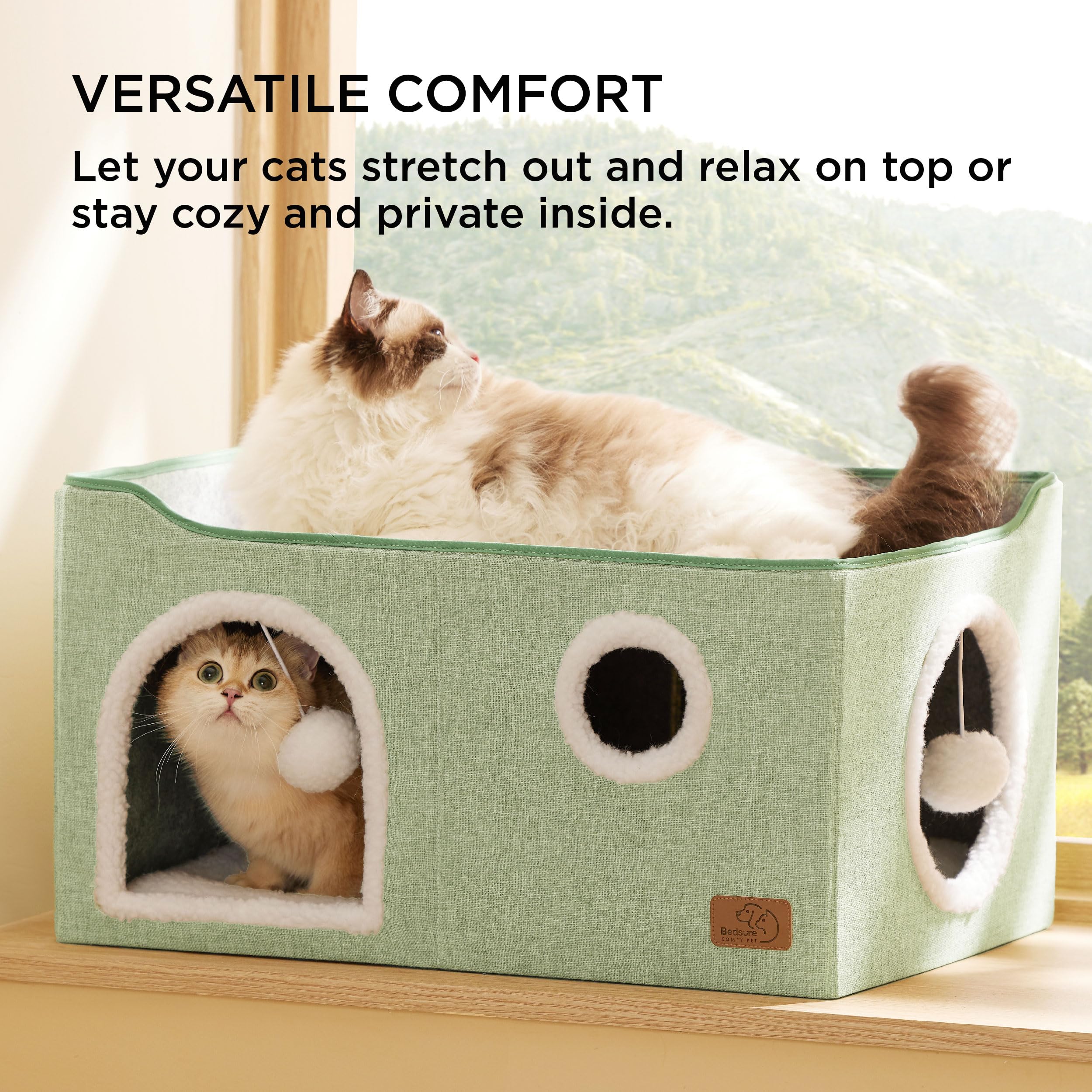 Bedsure Extra-Wide Cat House - Foldable Cat Cave with Scratch Pad, 23.6x16.9x13 inches, Green, Polyester, Model US000125N0M