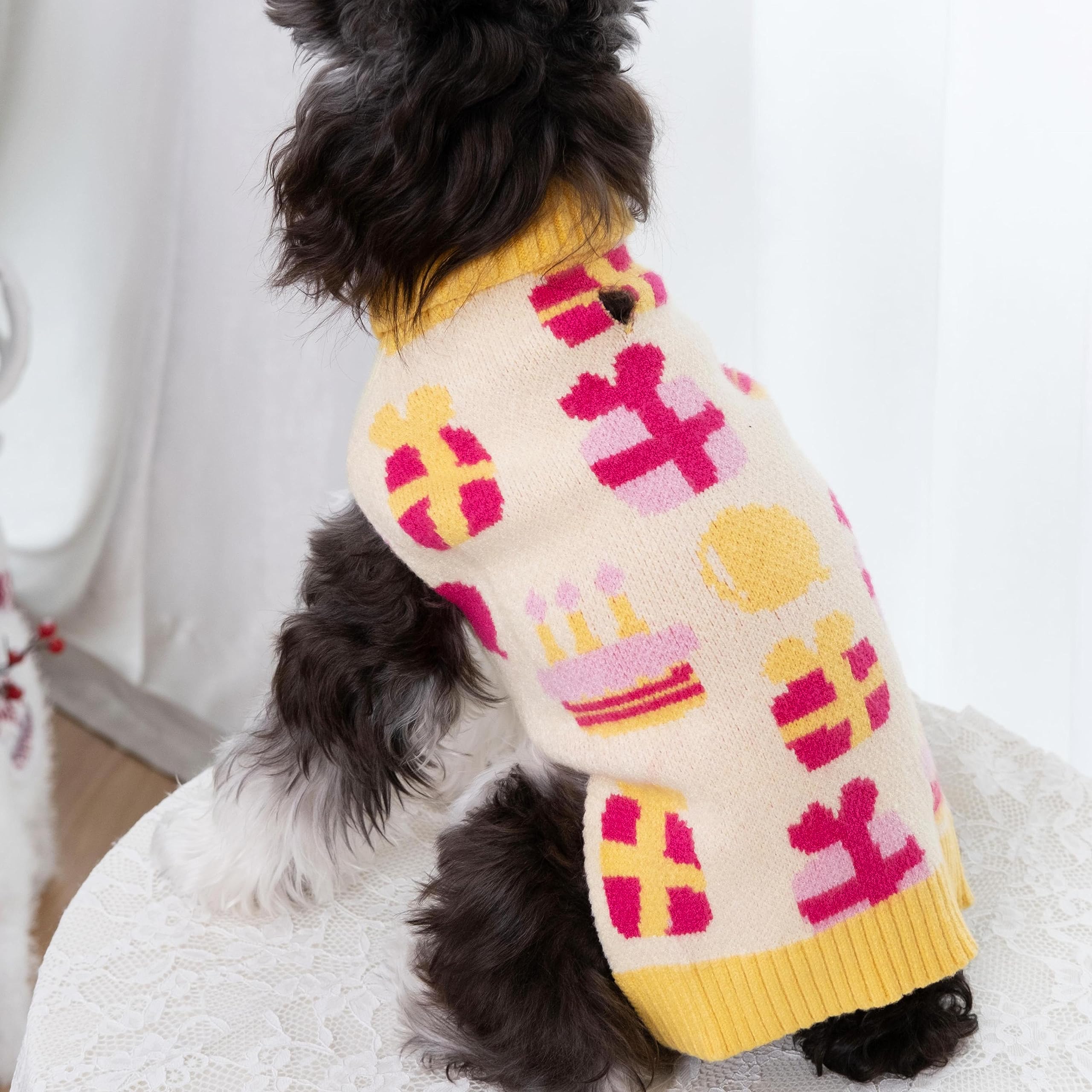 Cutebone Birthday Dog Sweater For Small Medium Dogs Gift Knit Yellow Turtleneck Pet Winter Clothes Cat Apparel With Harness Hole