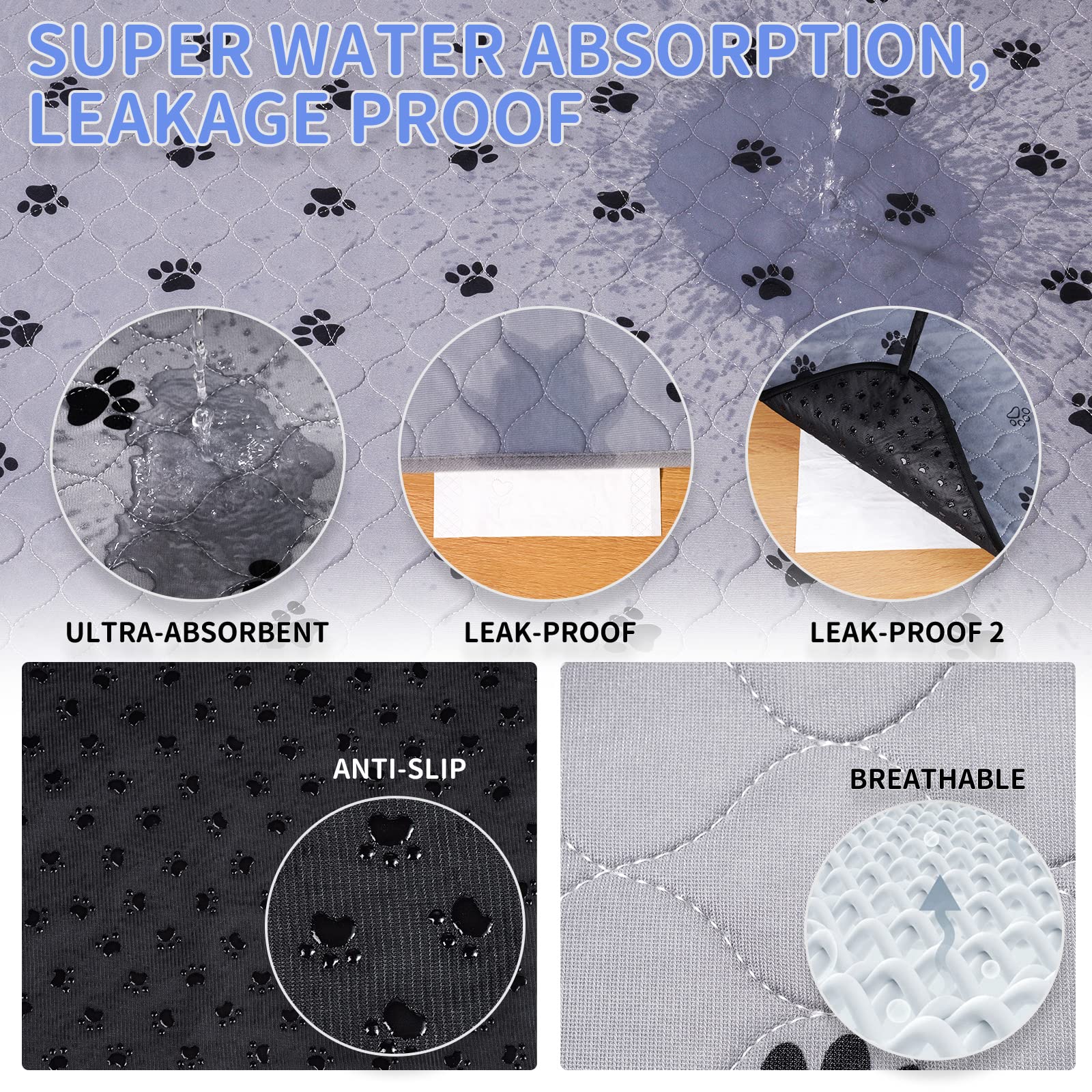 Fostanfly Non-Slip Washable Pee Pads, Large 36"x41", Ultra-Absorbent, Leak-Proof, Gray, 2 Pack, Model FF-NDG01-TL