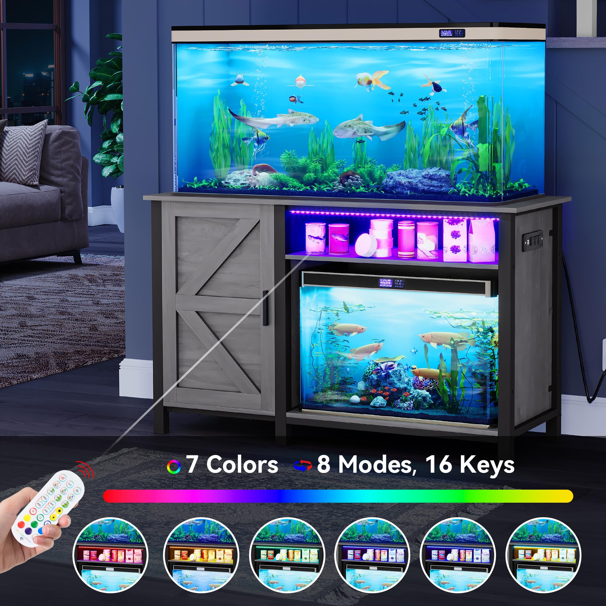 DWVO Aquarium Stand for 55-75 Gallon Fish Tank with Additional 20 Gallon Space and LED Lights, Fish Tank Stand with Adjustable D