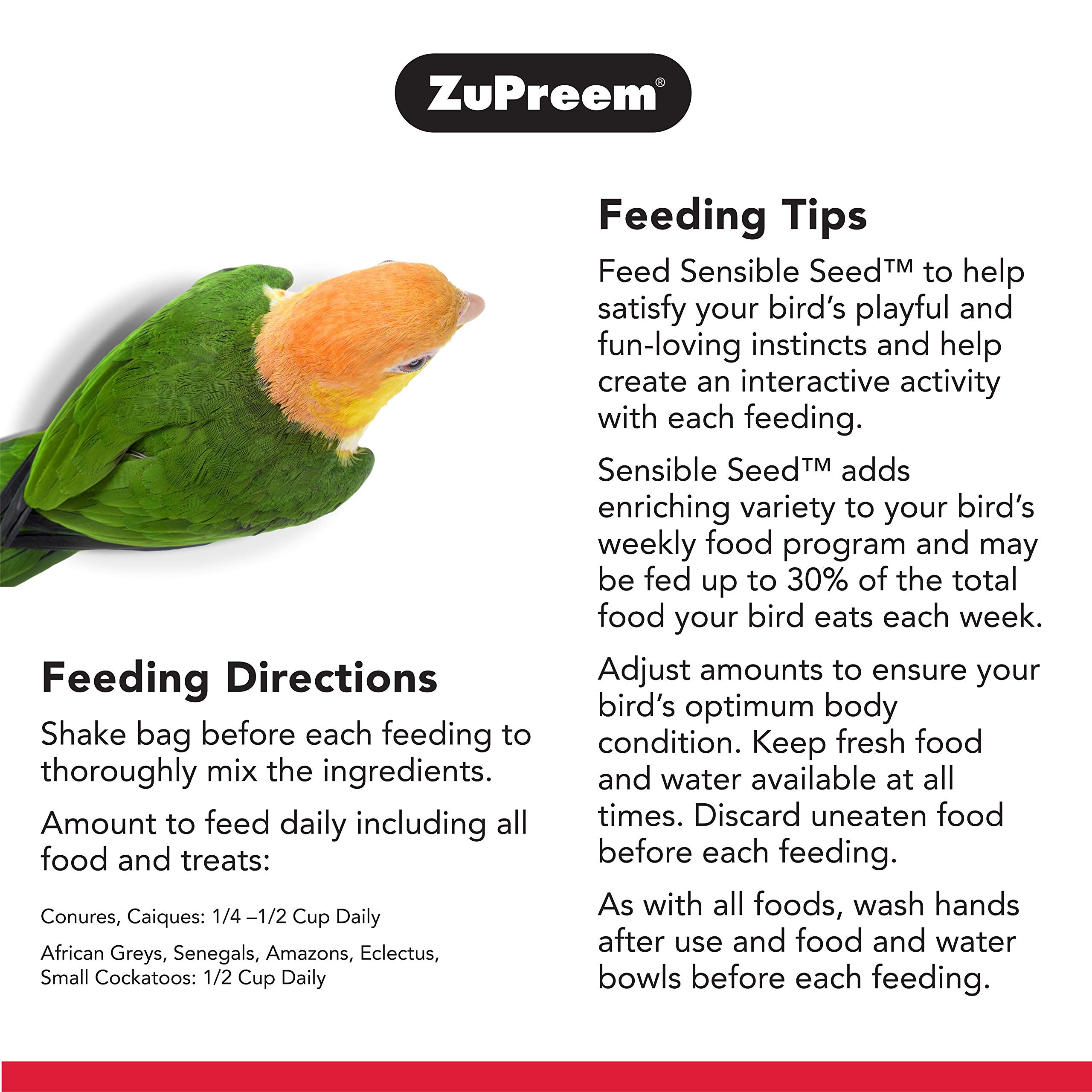 ZuPreem Sensible Seed Bird Food, Cockatiel, Lovebird, Quaker, Small Conure, Lorikeet, Seed and Pellet Blend for Medium Birds, Fo