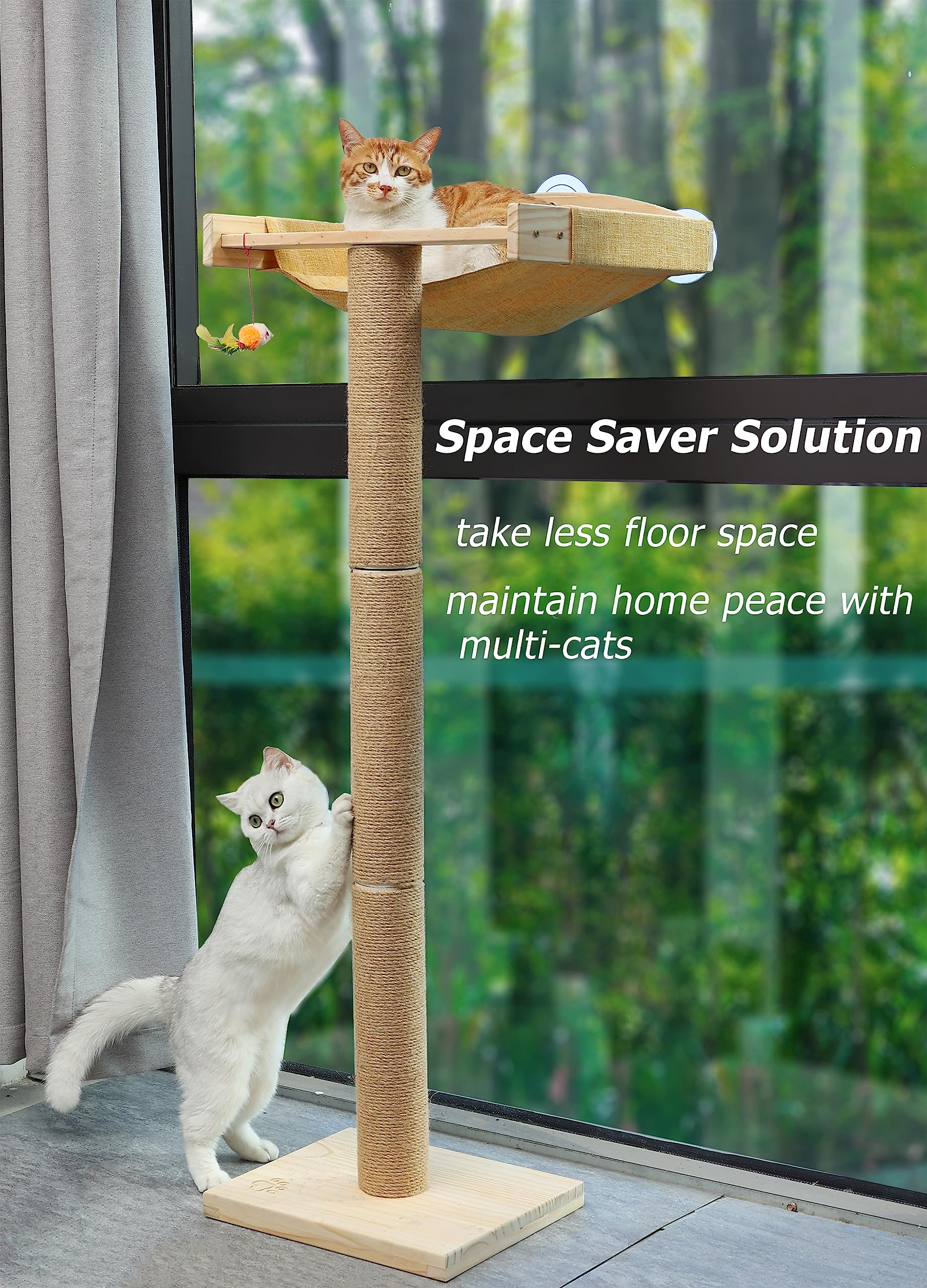 Caloreduce Cat Window Perch with Scratching Posts, 46" Climbing Tree Hammock, Wood, Cotton, Suction Cups for Sleeping & Playing