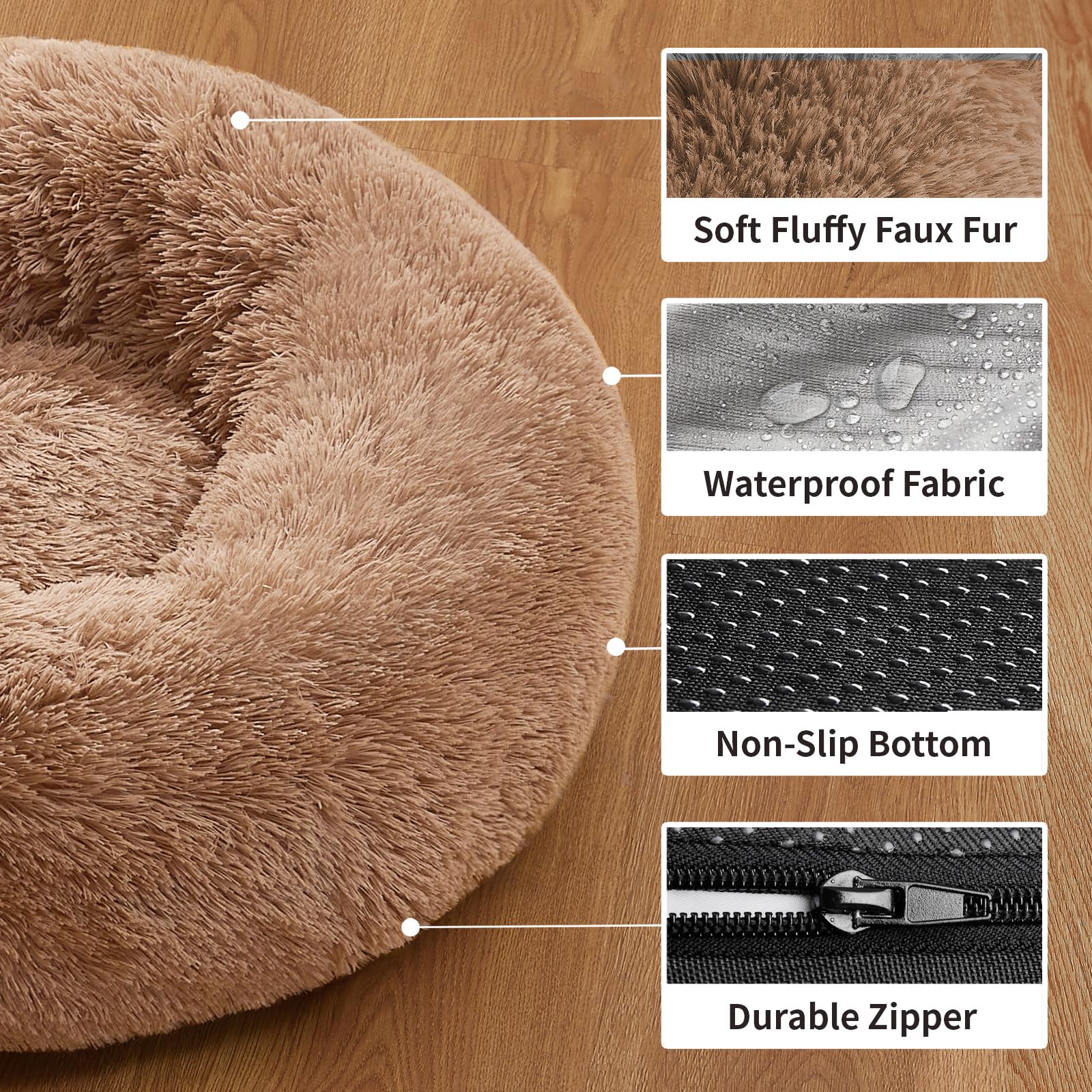 Ohgeni Calming Donut Dog & Cat Bed, Machine Washable Plush Waterproof Zipper Cover, Anti-Slip Round Cuddle Comfort Pet Bed, Cozy Warming Fluffy Faux Fur Bed For Medium Large Dogs, Ocher, 36 Inches