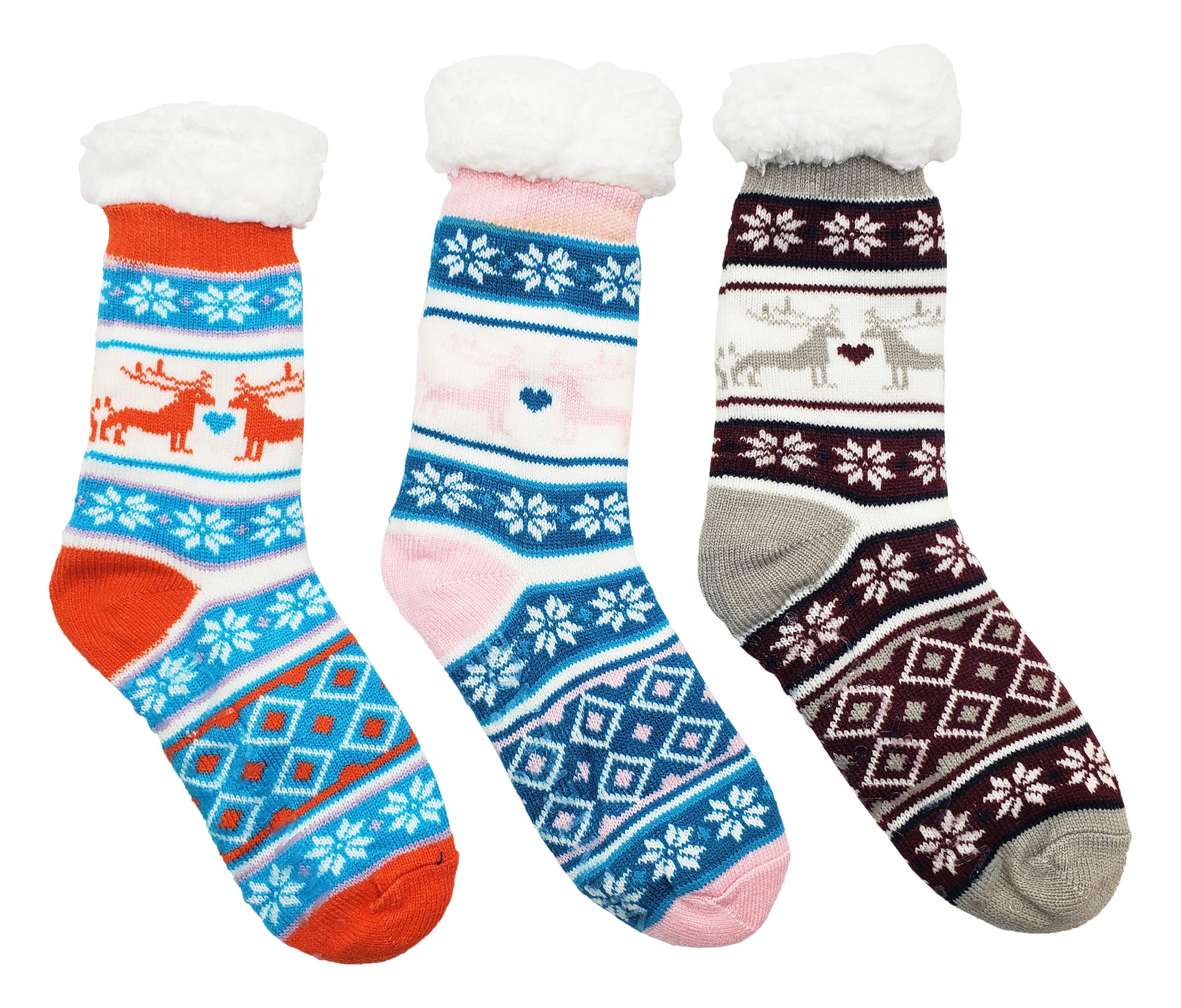 Fluffy Thermal Sherpa Socks, 3 Pairs for Women, Ultra Soft Slipper christmas Winter Non Skid (Fair Isle c)