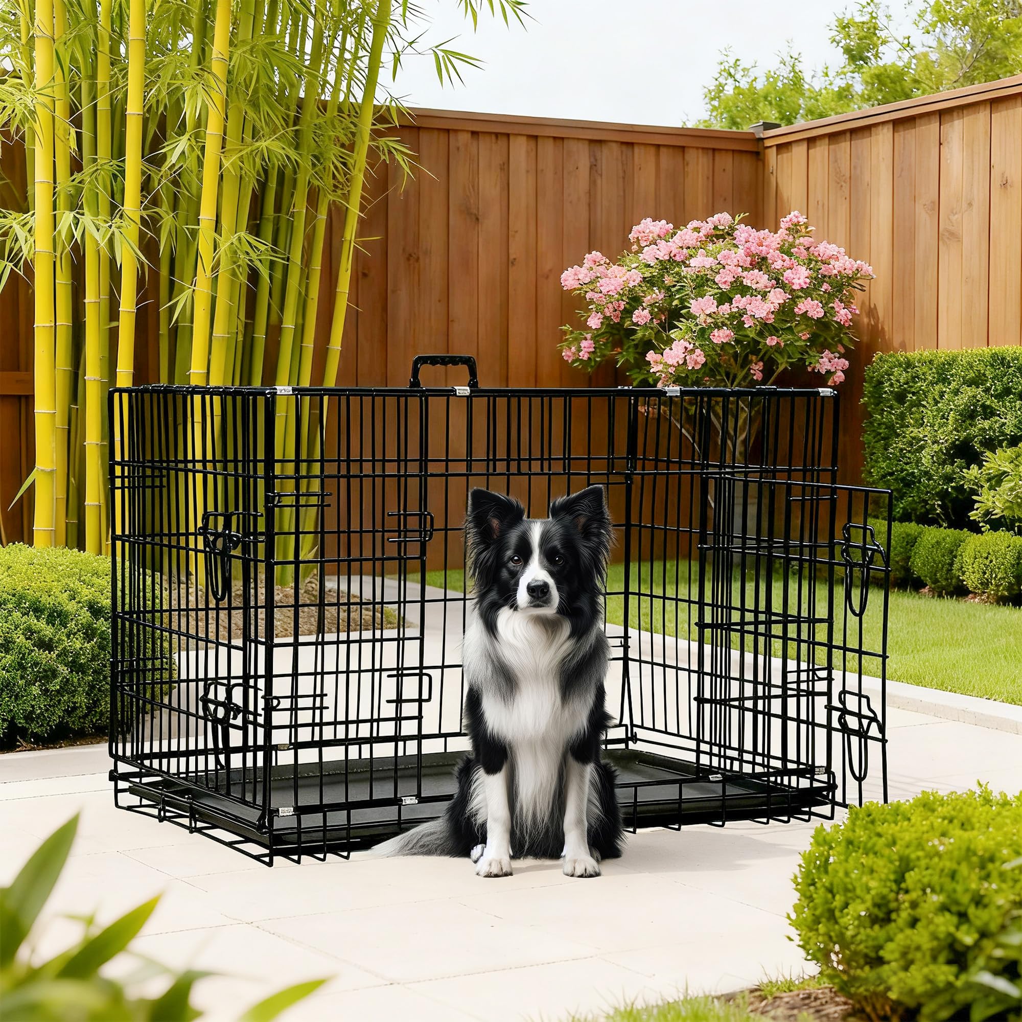 FDW Dog Crate 42-Inch Dog Cage Foldable Metal Kennel with Leakproof Tray Foldable Design Indoor Outdoor Use for Large Dogs,Dark