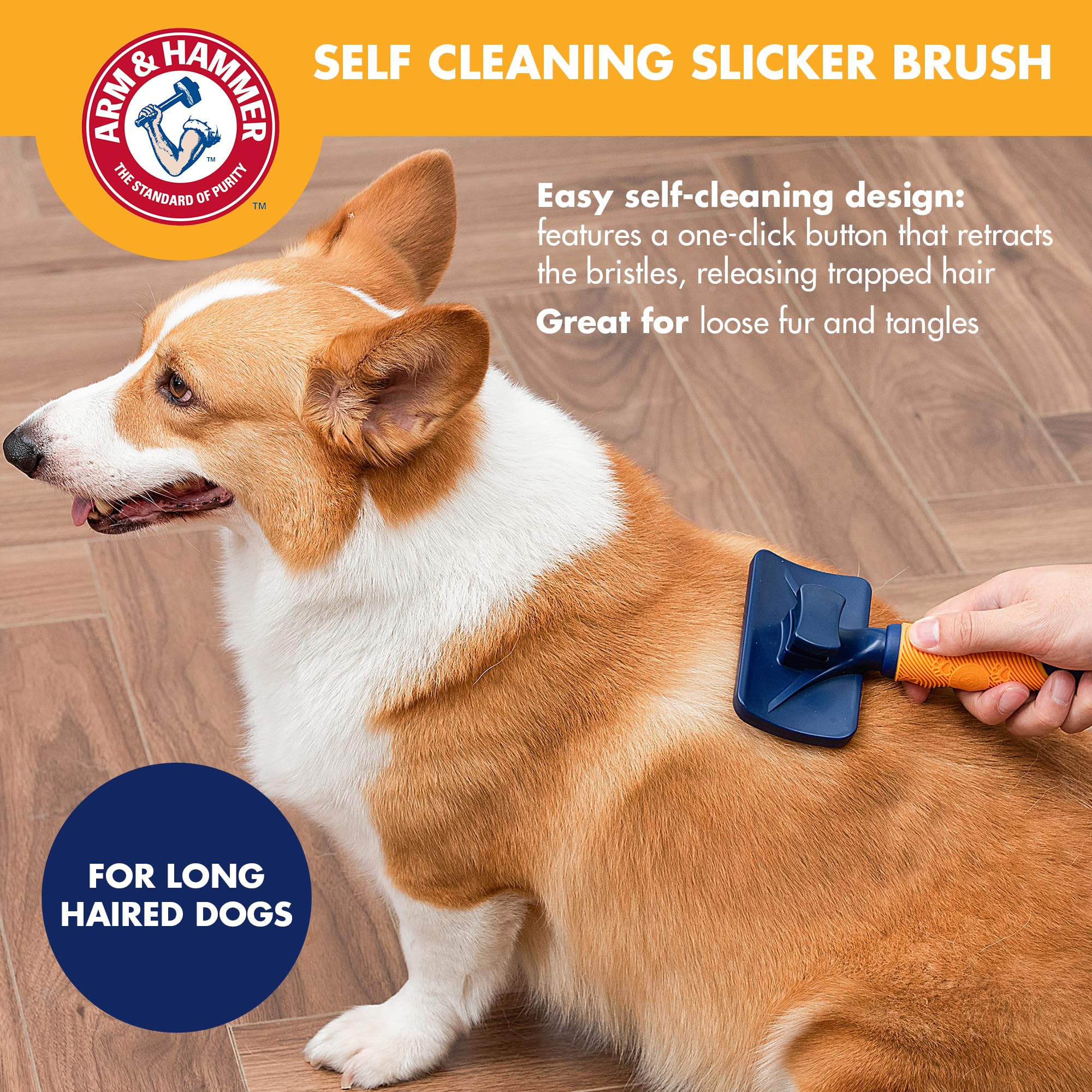 Arm & Hammer Slicker Brush for Dogs - Self-Cleaning, Scented with Sweet Apple & Rose - Navy & Yellow, Model FF33570