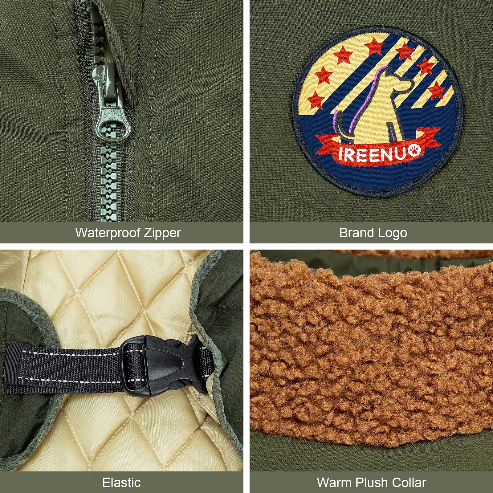IREENUO Dog Coat - Waterproof Jacket for Medium Large Dogs, Cozy Cotton Fur Nylon, 3XL, Green, Model JX-DE-DOG FLIGHT SUIT