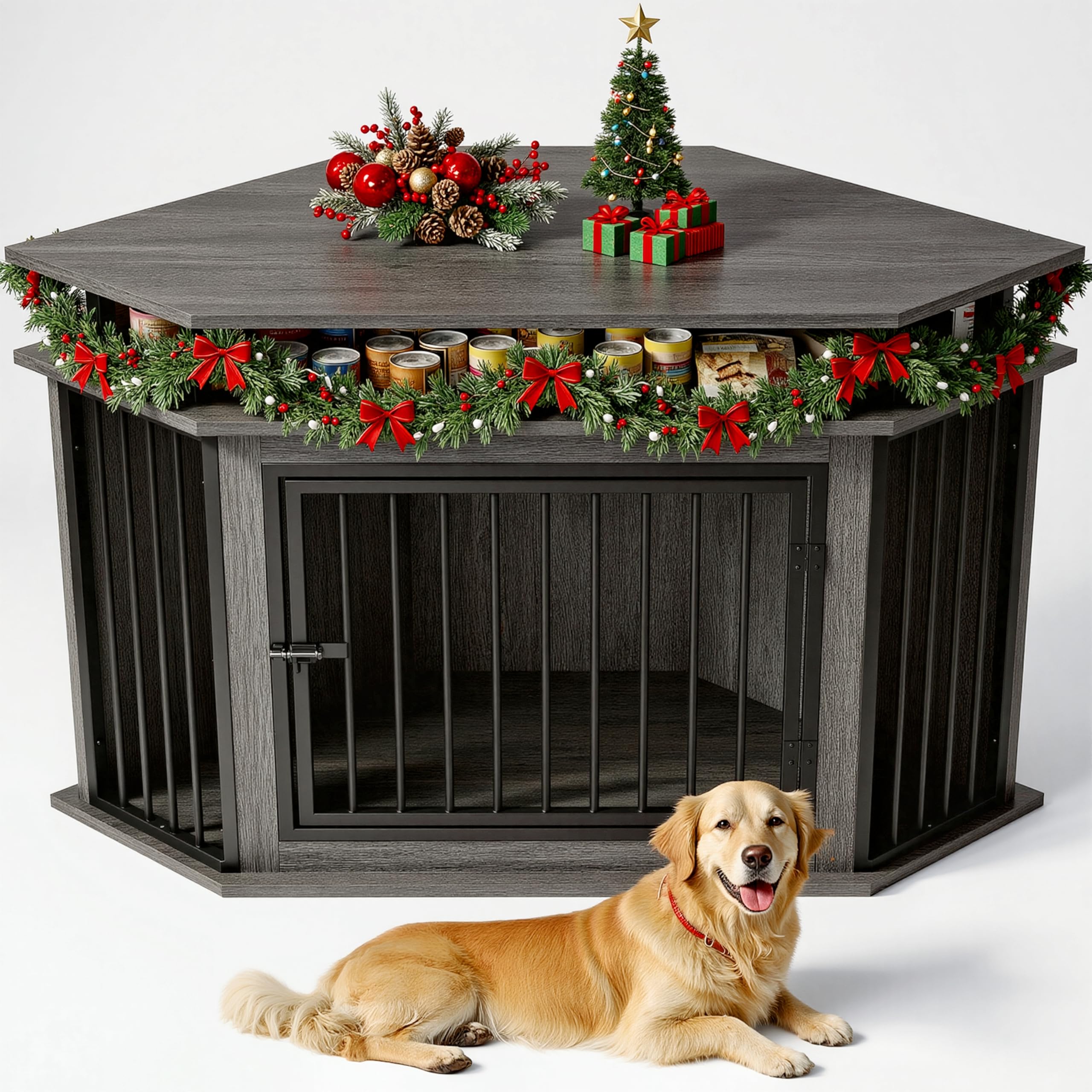 IRONCK 51 Corner Wooden Dog Crate Furniture with 2-Tier Shelves, Pet Kennel for Large Dogs, Space-Saving Dog Cage Indoor, Rustic