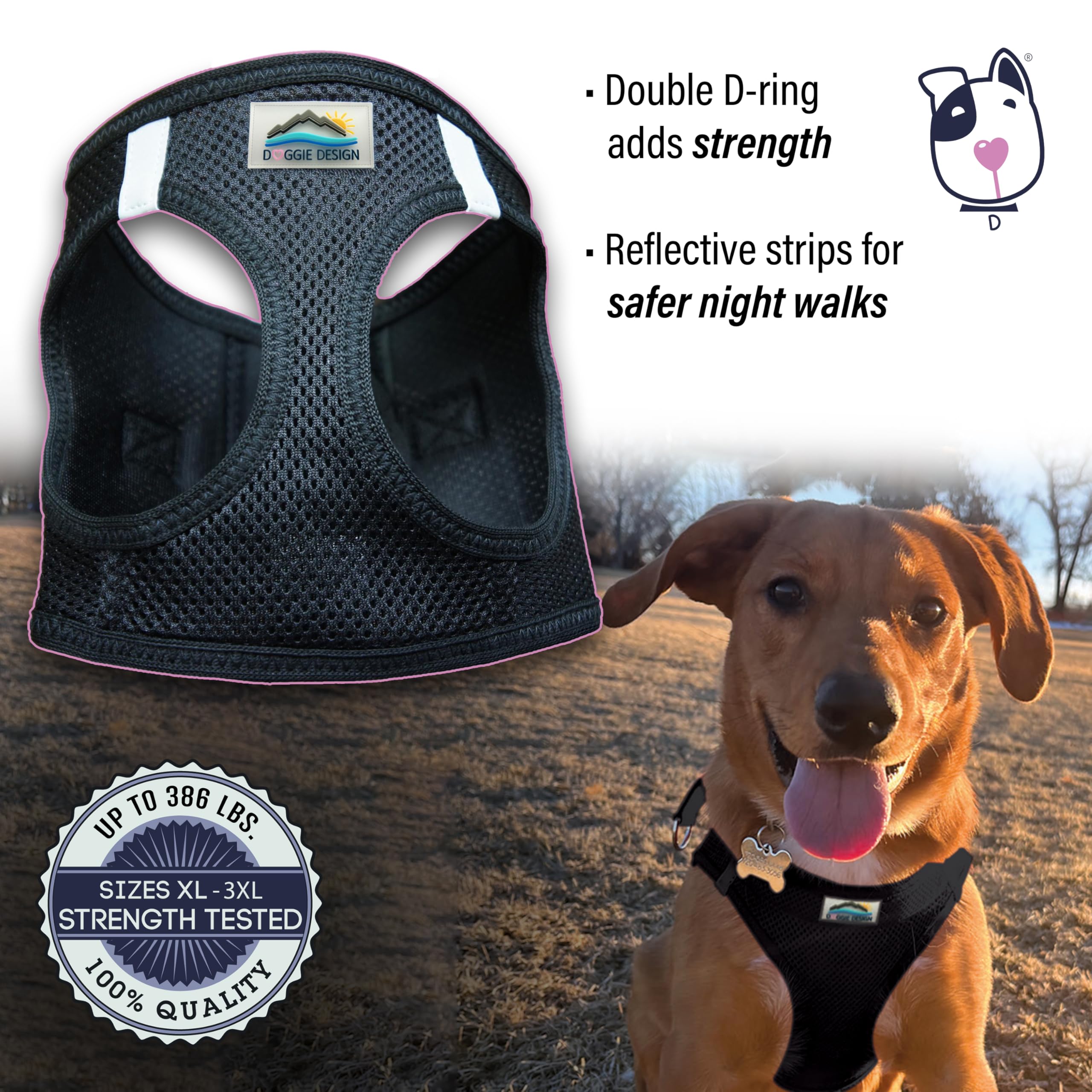 Doggie Design Dog Harness - No Choke Dog Harness, Dog Vest, Mesh Polyester, Pet Harness, Simple Step In And Go Design, Harness For Dog - Black, M