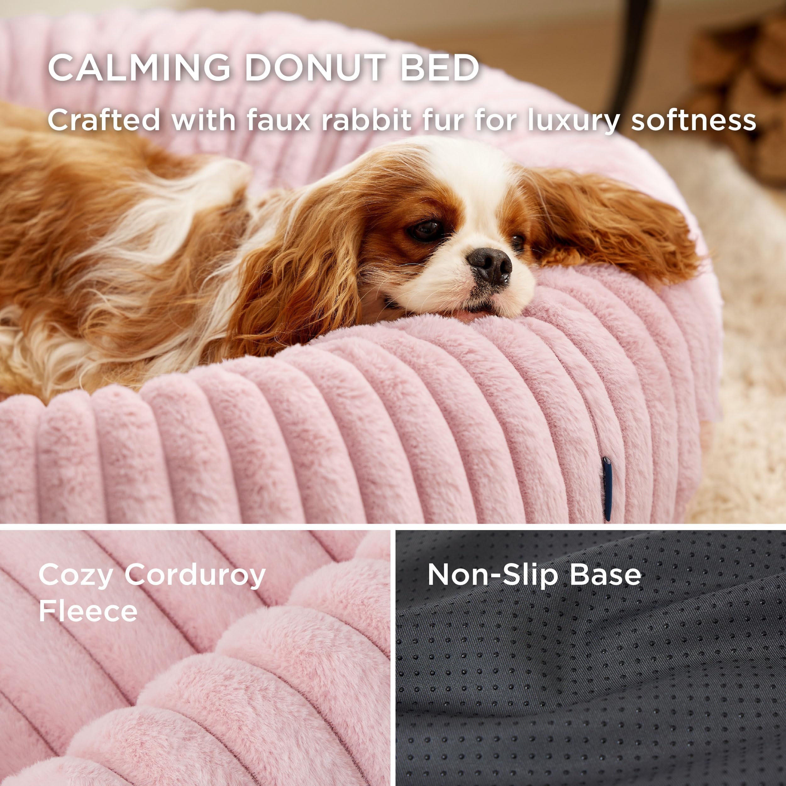 Bedsure Donut Medium Dog Bed - Washable Faux Fur With Corduroy Fleece & Anti Slip Bottom, Round Pet Bed With Removable Cover, Bl