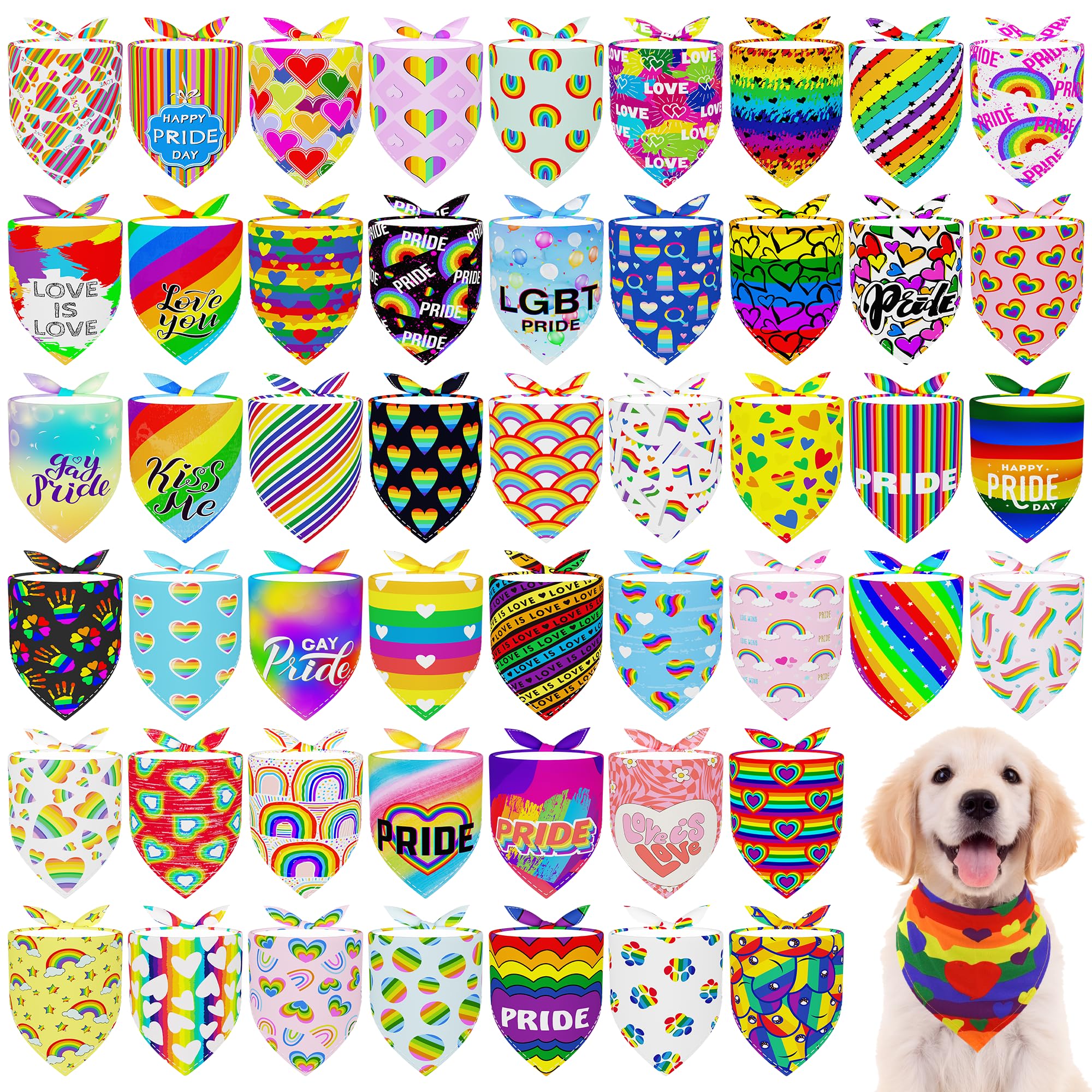 Jpgdn 100Pcs Pride Day Dog Bandanas Bulk Rainbow Adjustable Triangle Bibs Scarves Kerchief For Small Medium Boys Girls Grooming 
