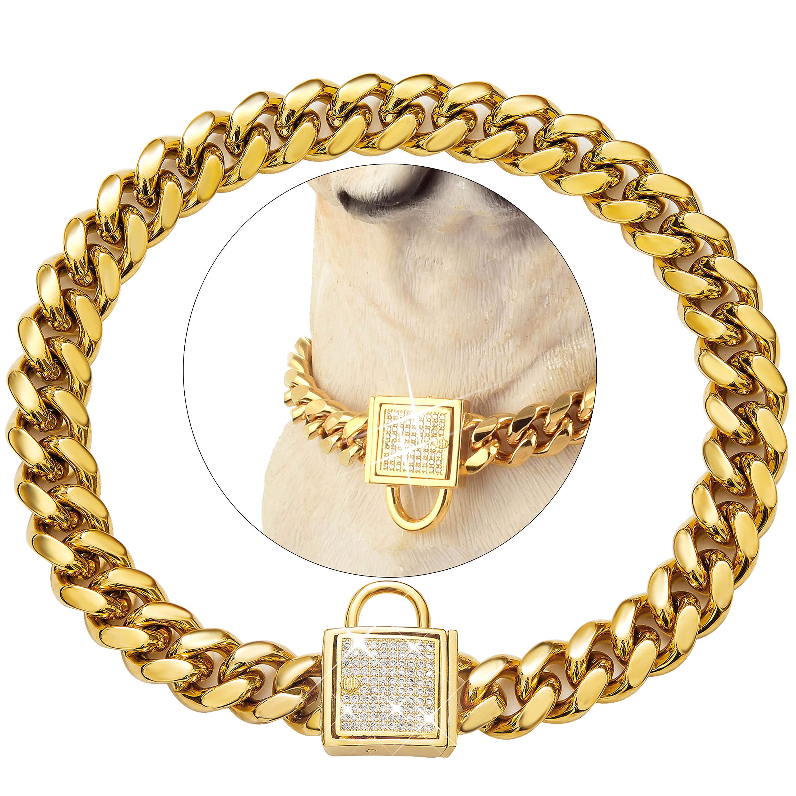 Pradog Gold Chain Dog Collar With Zirconia Buckle Stainless Steel Chain Collars Cuban Link Dog Collar Designer Bling Puppy Neckl