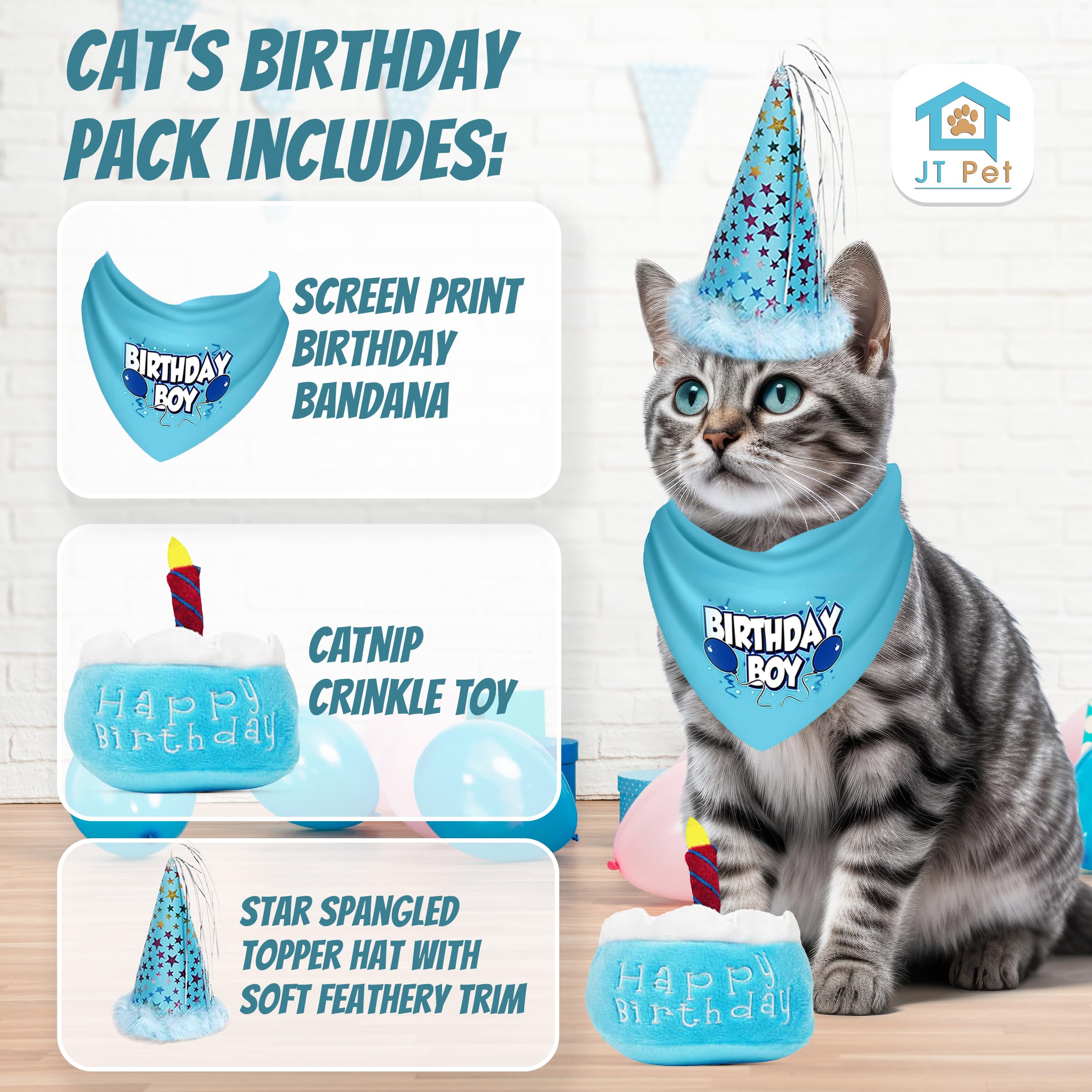 Jt Pet Cat Birthday Boy Party Pack With Bandana, Star Spangled Blue Party Hat With Adjustable Elastic, Tassels And Feathery Trim
