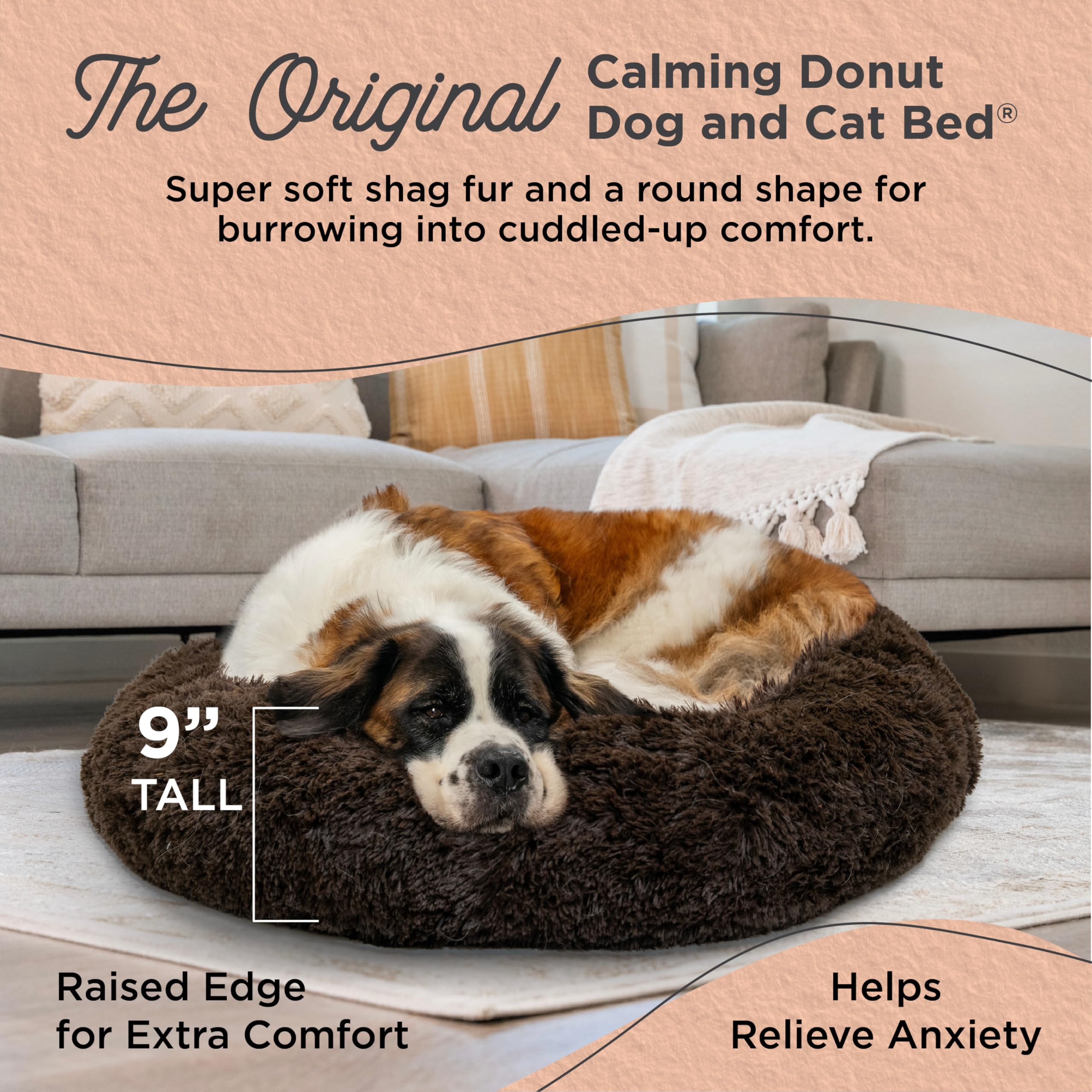 Best Friends by Sheri The Original Calming Donut Dog and Cat Bed in Shag Fur, Dark Brown, Extra Large, 45x45
