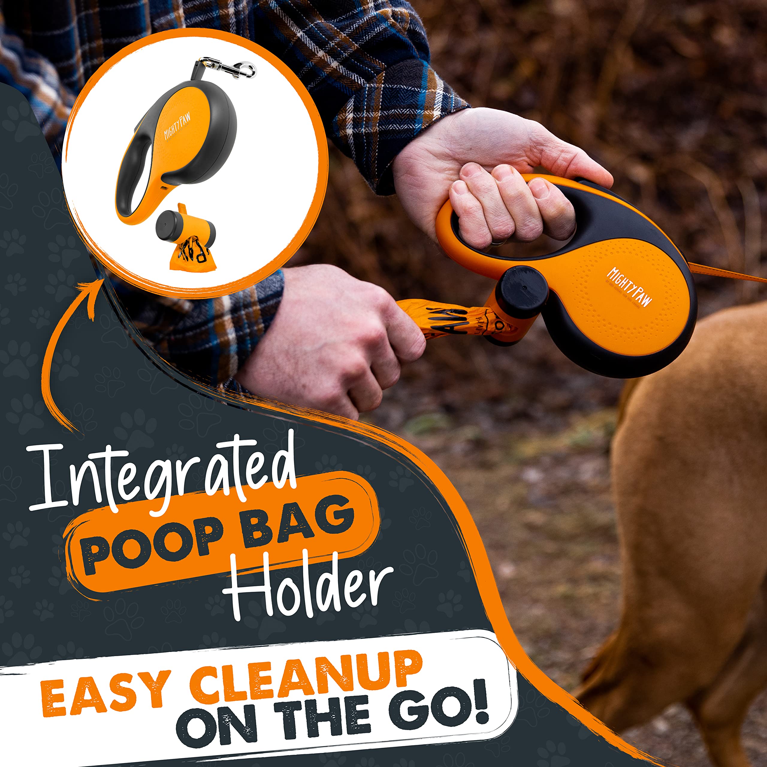Mighty Paw Retractable Dog Leash with Poop Bag Holder, 16' for 0-50 lbs, Deluxe Orange, Stainless Steel