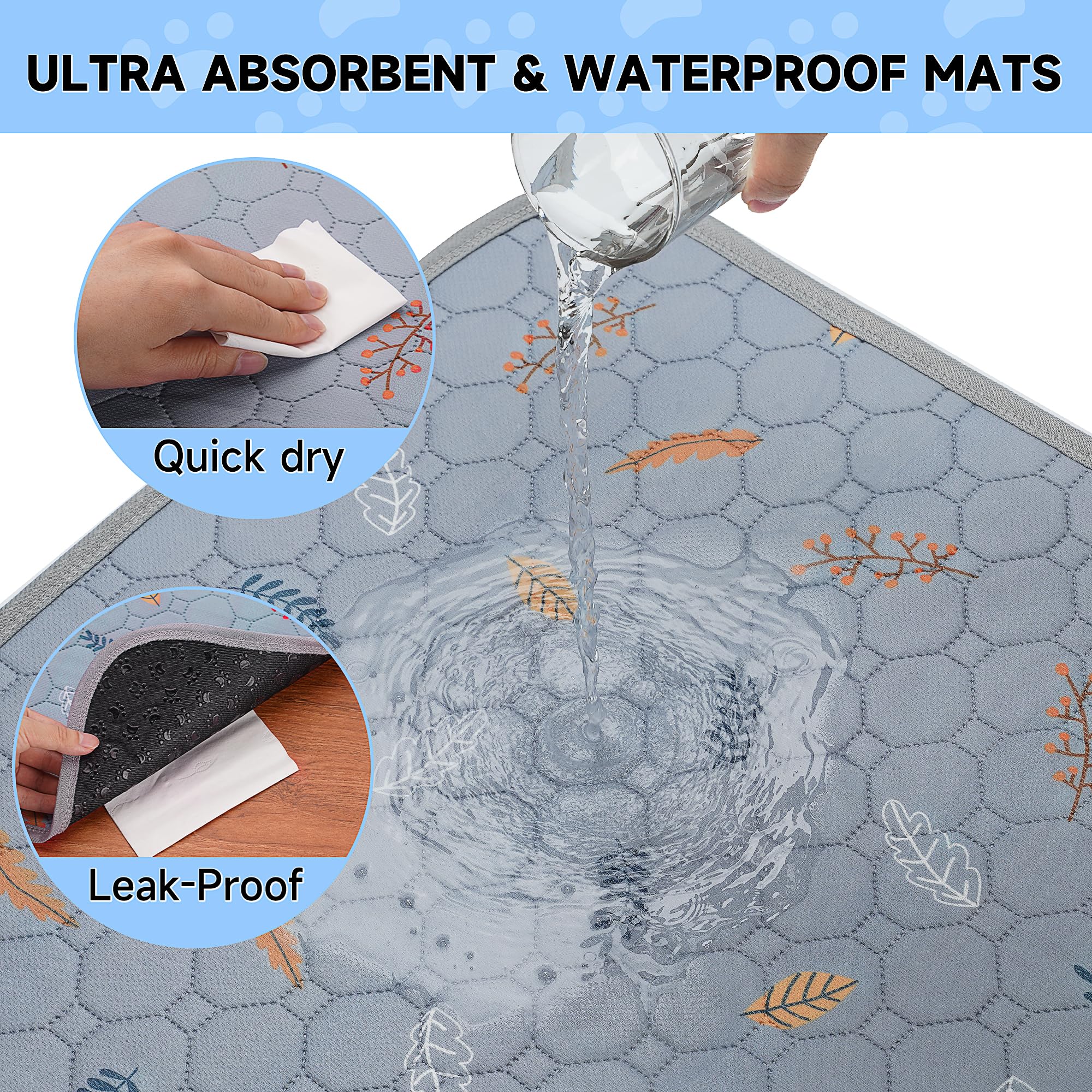 Sunheir Washable Pee Pads For Dogs Large 48' X 48' 2-Pack Reusable Puppy Pads Pet Training Pads, Absorb Dog Mats, Whelping Pad, Non-Slip Protects Against Urine Leakage (Leaves - Light Grey, 48X48)