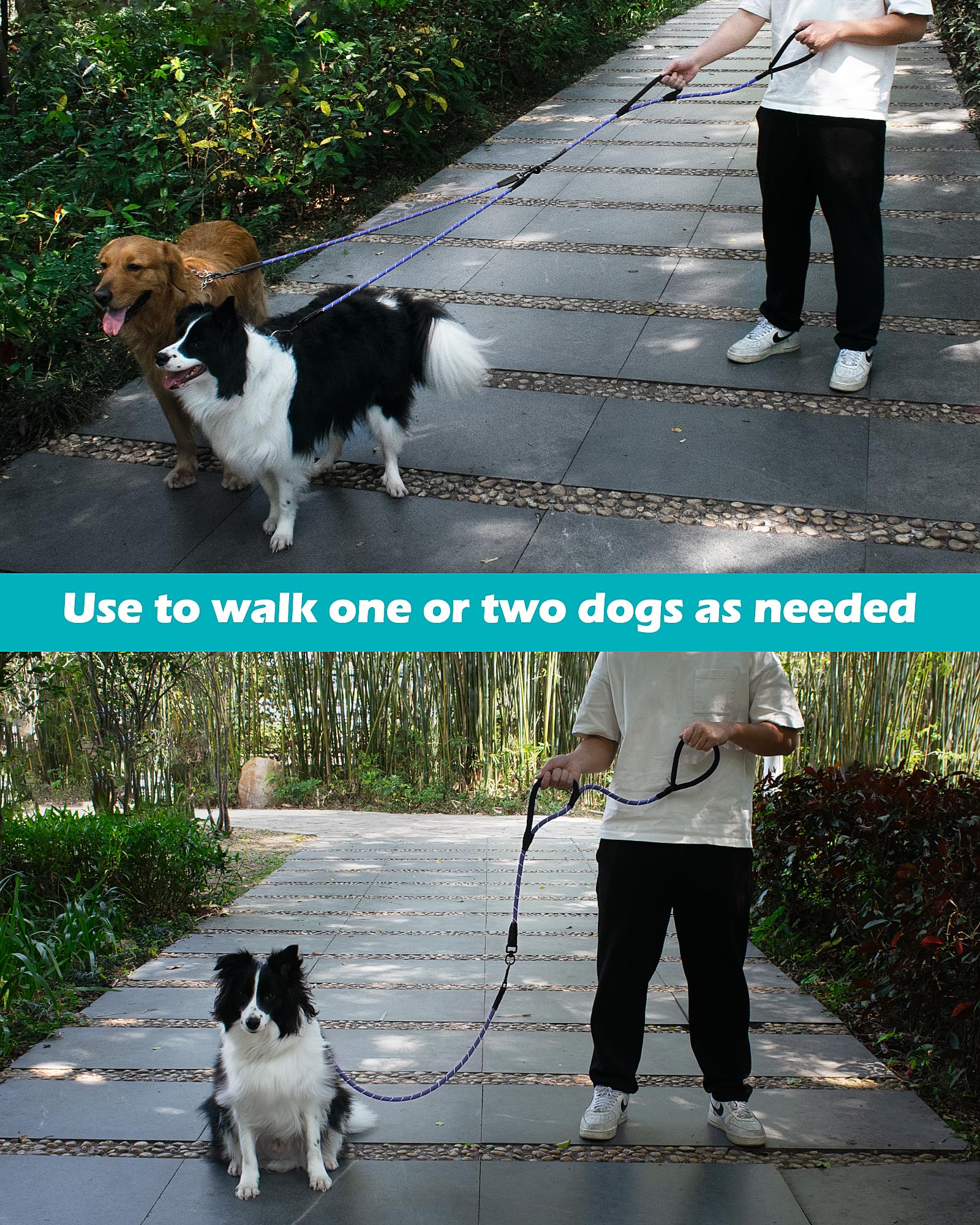 Petbonus Rope Double Dog Leash, No Tangle Dual Leash, Reflective Walking Training Lead With Two Comfortable Padded Handles, Lead