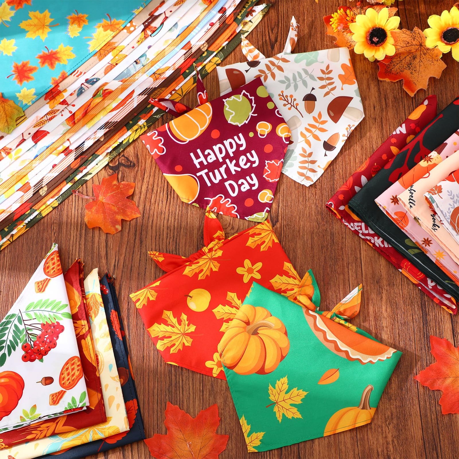 Lasnten 70 Pcs Fall Dog Bandanas Bulk Pumpkin Maple Leaves Bandana for Dogs Thanksgiving Pet Bibs Scarf for Small Medium Large A