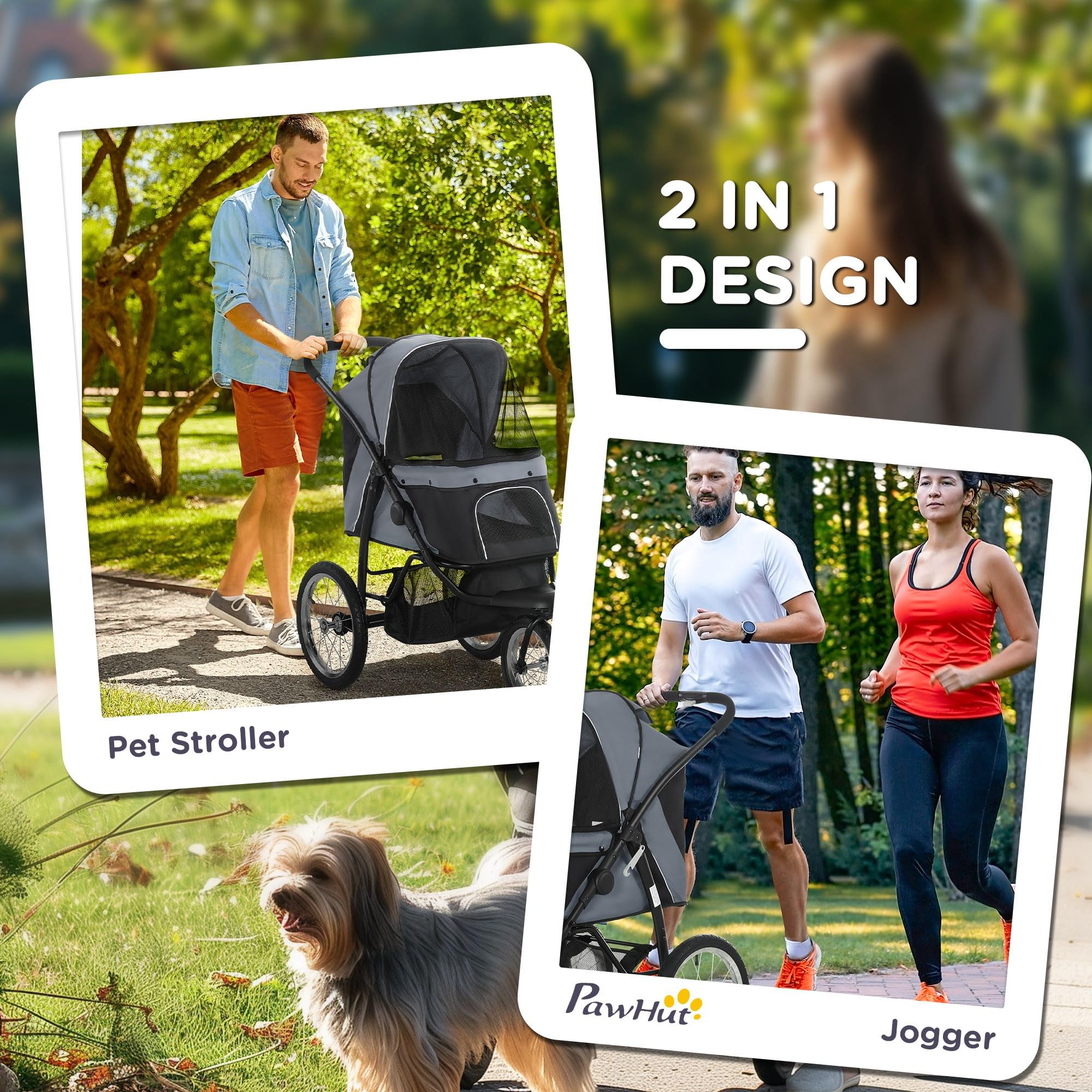 Pawhut Pet Stroller For Small And Medium Dogs, 3 Big Wheels Foldable Cat Stroller Jogger With Adjustable Canopy, Safety Tether,