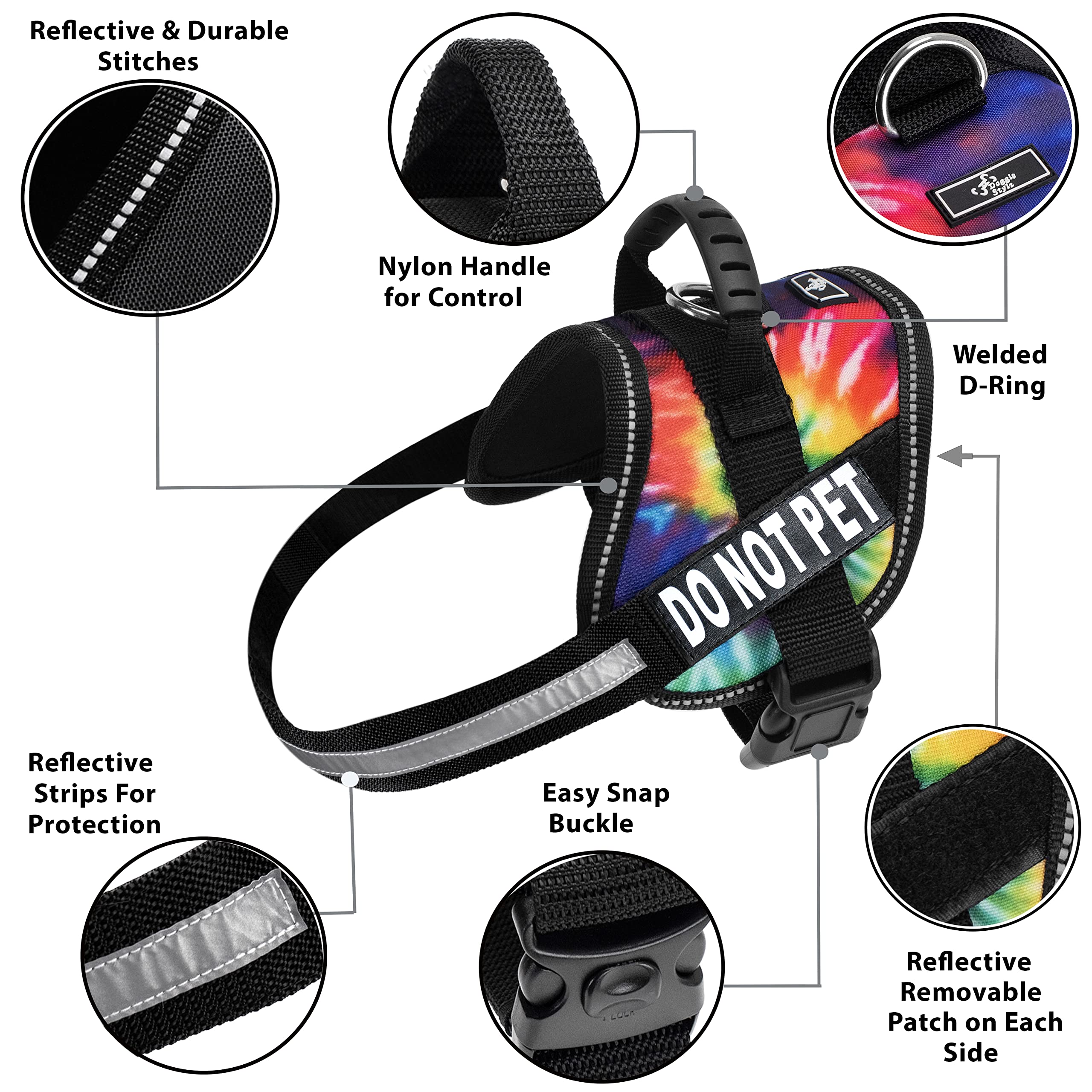 Do Not Pet Dog Vest Harness With Removable Patches And Reflective Trim. Comes With 2 Do Not Pet Reflective Removable Patches. Please Measure Dogs Girth Before Purchase (Girth 12-16', Tie Dye)