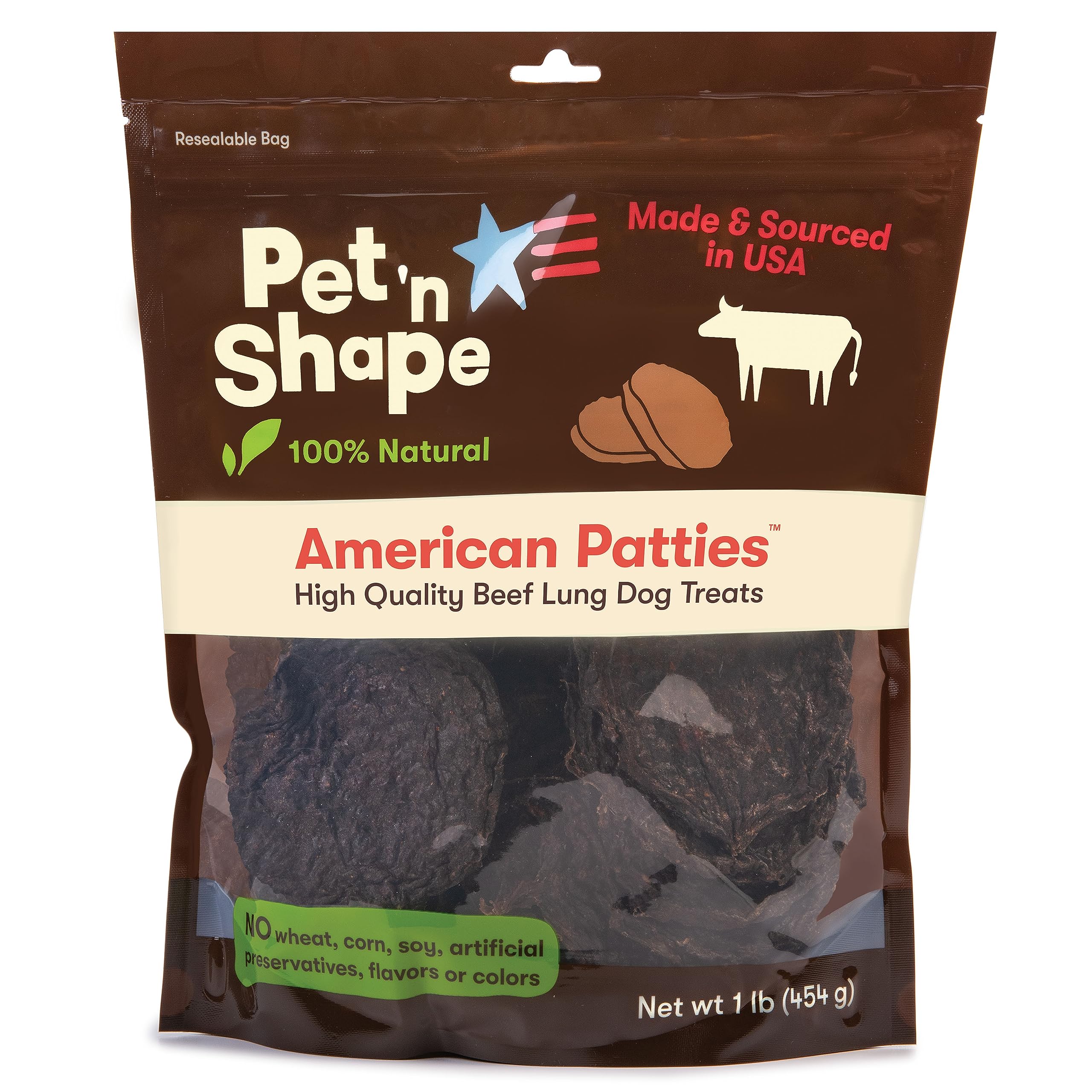 Pet n Shape All American Beef Lung Patties Dog Treats - Made and Sourced in The USA, 1lb Bag